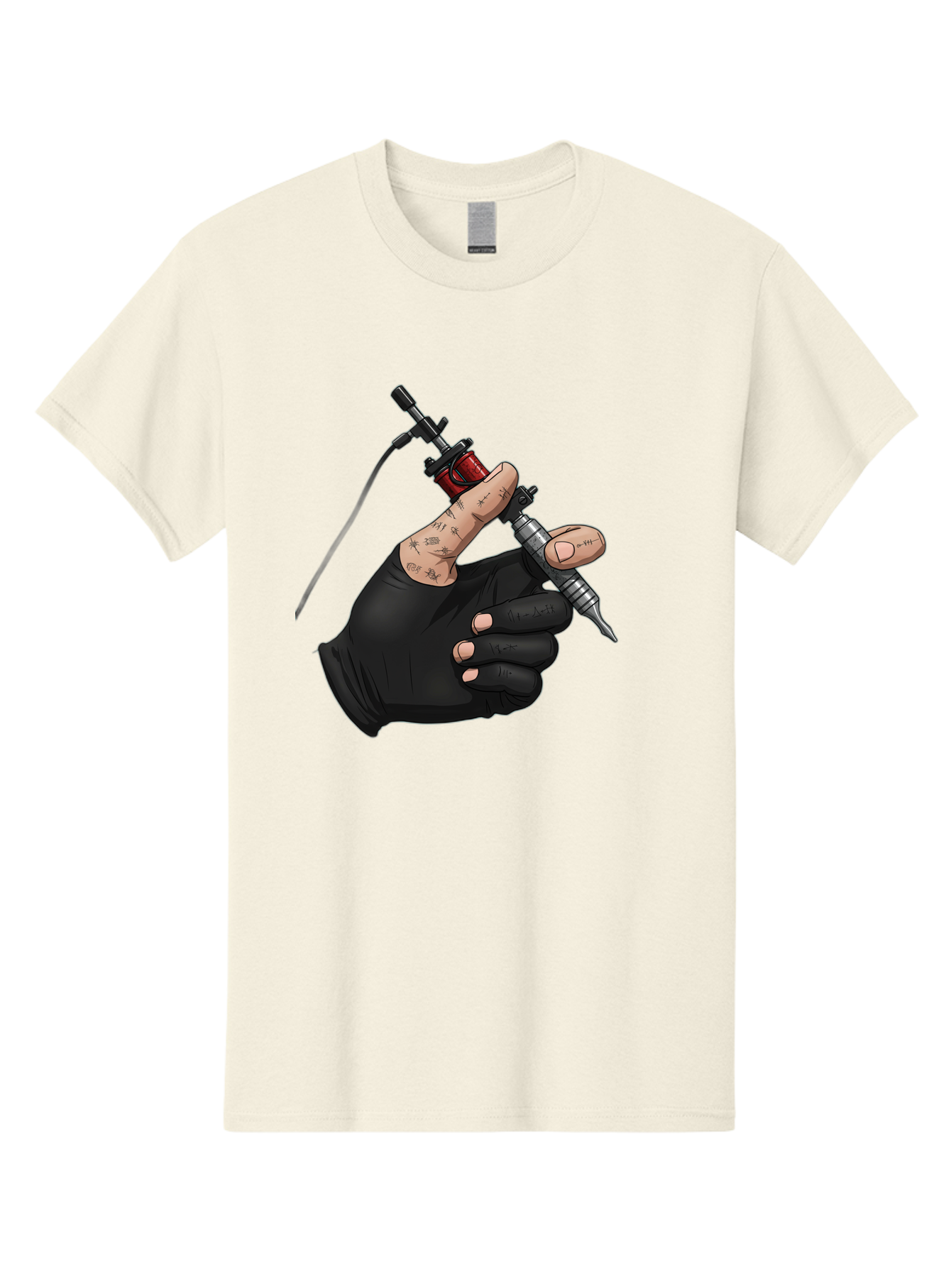 Tattoo-Hand Men'S Graphic Tee, 100% Cotton, Comfortable Casual Summer Wear, Machine Washable, Tattoo Artist Hand, Black Glove, Tattoo Machine In Hand, Red Tattoo Gun, Silver Needle, Tattoo Art, Body Art, Inked Hand Bad802