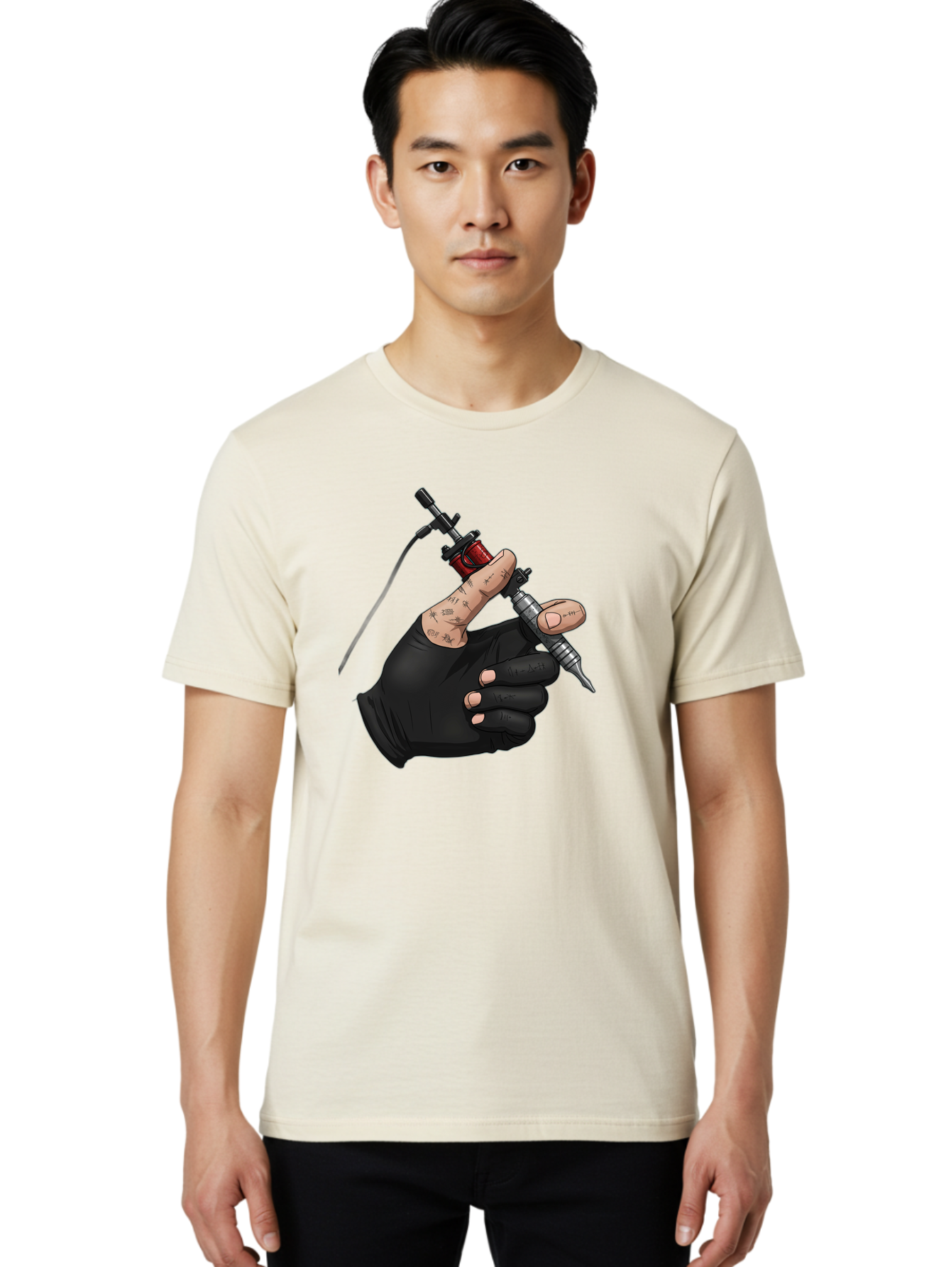 Tattoo-Hand Men'S Graphic Tee, 100% Cotton, Comfortable Casual Summer Wear, Machine Washable, Tattoo Artist Hand, Black Glove, Tattoo Machine In Hand, Red Tattoo Gun, Silver Needle, Tattoo Art, Body Art, Inked Hand Bad802