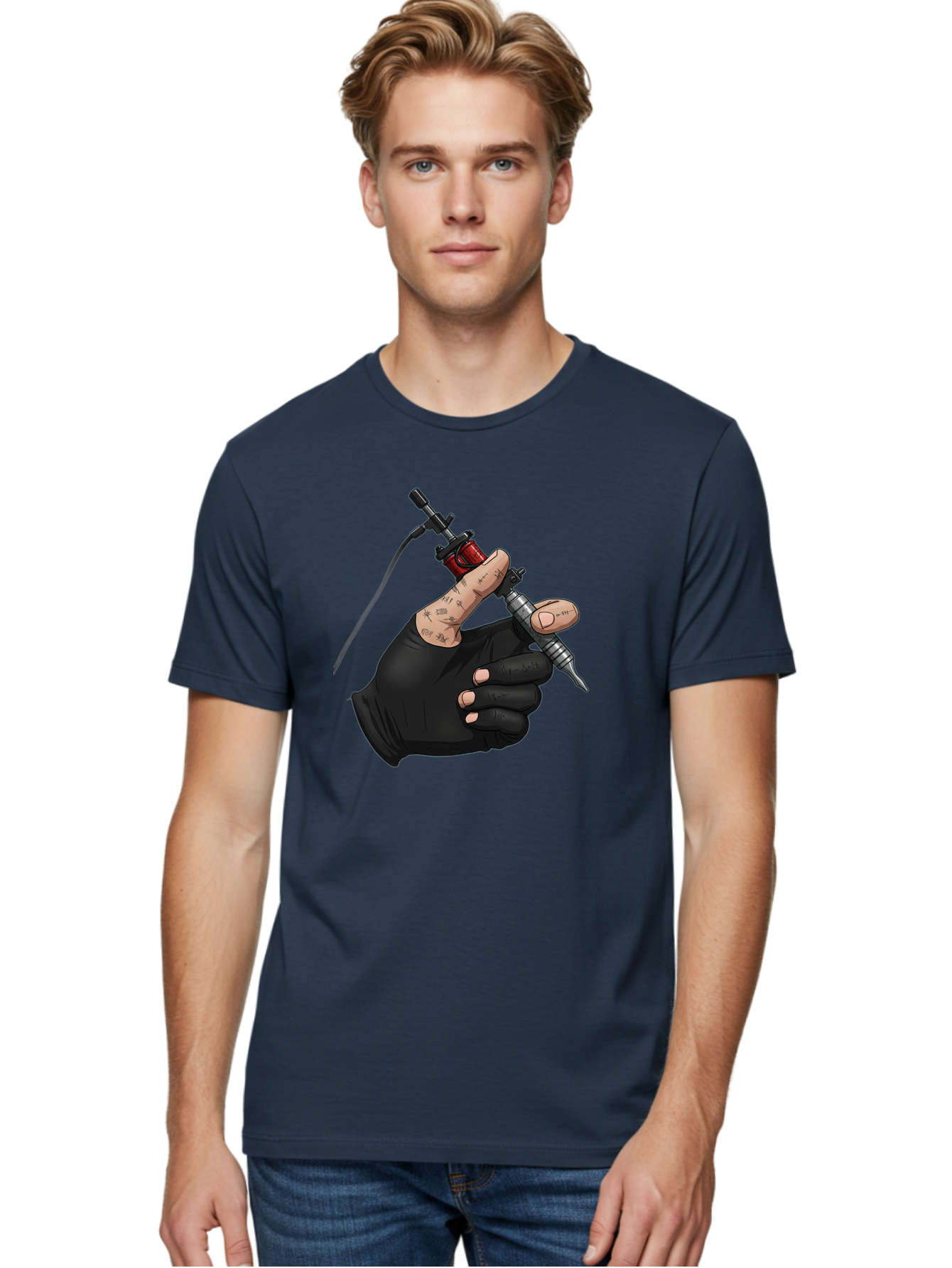 Tattoo-Hand Men'S Graphic Tee, 100% Cotton, Comfortable Casual Summer Wear, Machine Washable, Tattoo Artist Hand, Black Glove, Tattoo Machine In Hand, Red Tattoo Gun, Silver Needle, Tattoo Art, Body Art, Inked Hand Bad802