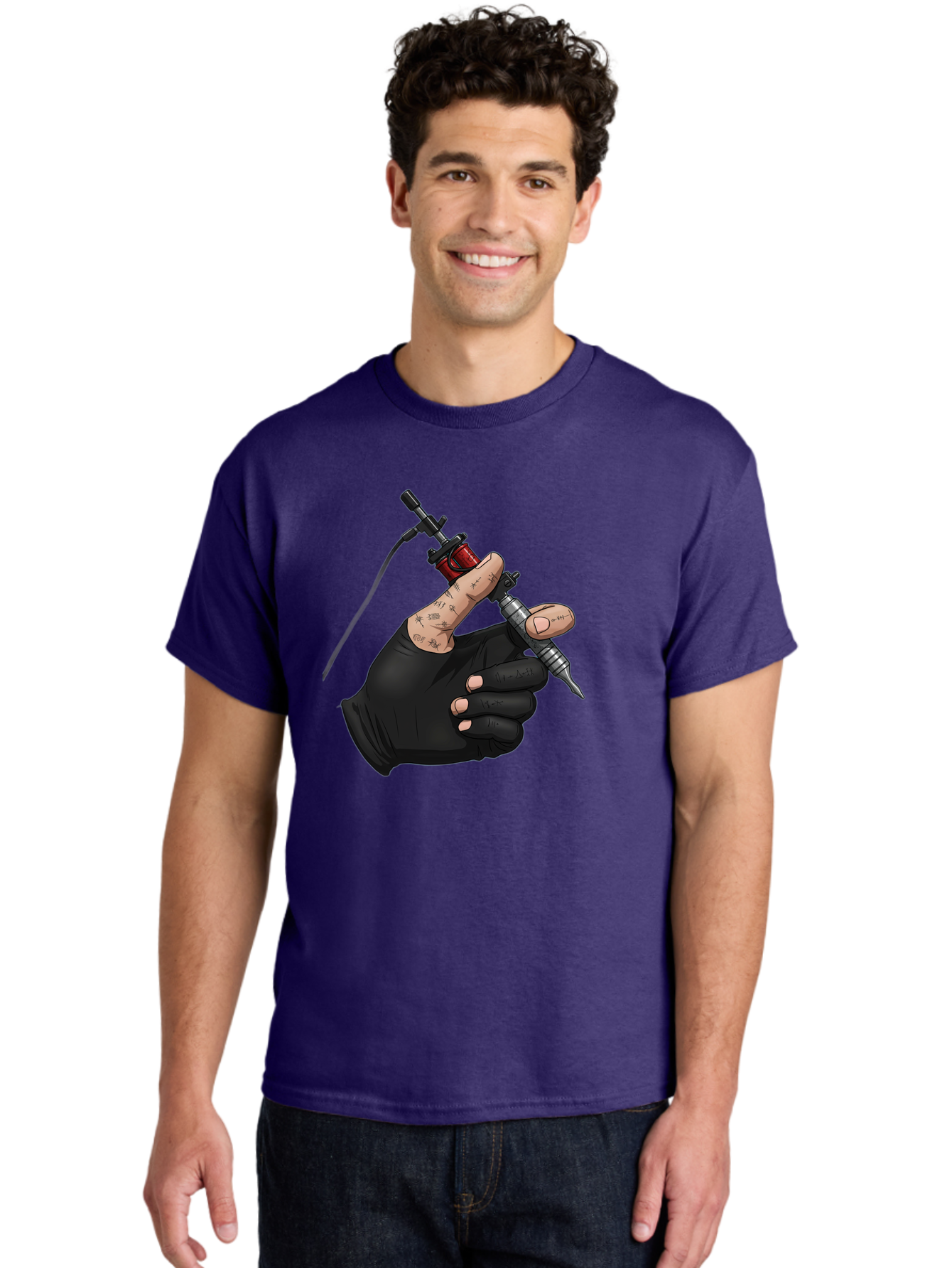 Tattoo-Hand Men'S Graphic Tee, 100% Cotton, Comfortable Casual Summer Wear, Machine Washable, Tattoo Artist Hand, Black Glove, Tattoo Machine In Hand, Red Tattoo Gun, Silver Needle, Tattoo Art, Body Art, Inked Hand Bad802