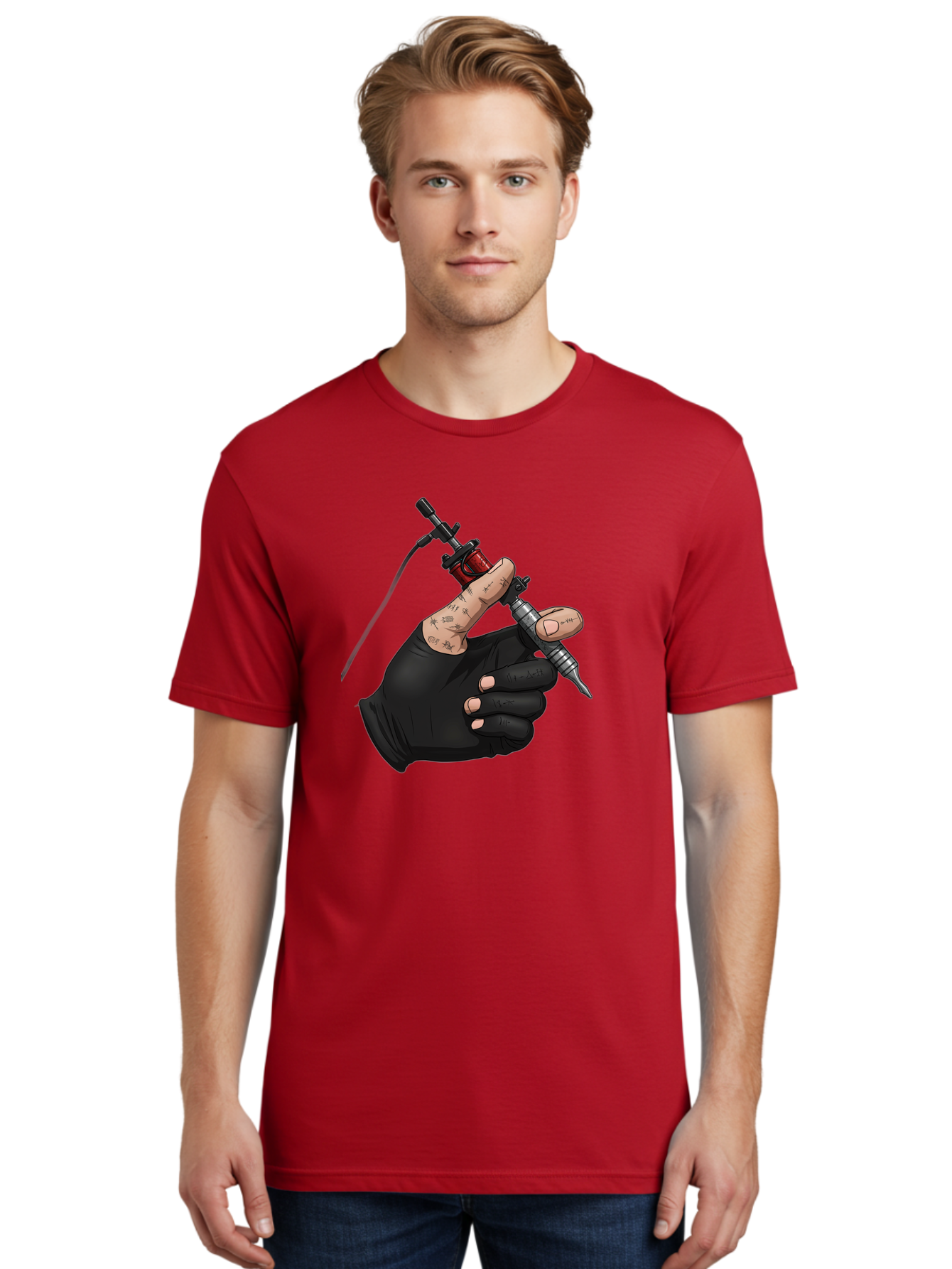 Tattoo-Hand Men'S Graphic Tee, 100% Cotton, Comfortable Casual Summer Wear, Machine Washable, Tattoo Artist Hand, Black Glove, Tattoo Machine In Hand, Red Tattoo Gun, Silver Needle, Tattoo Art, Body Art, Inked Hand Bad802