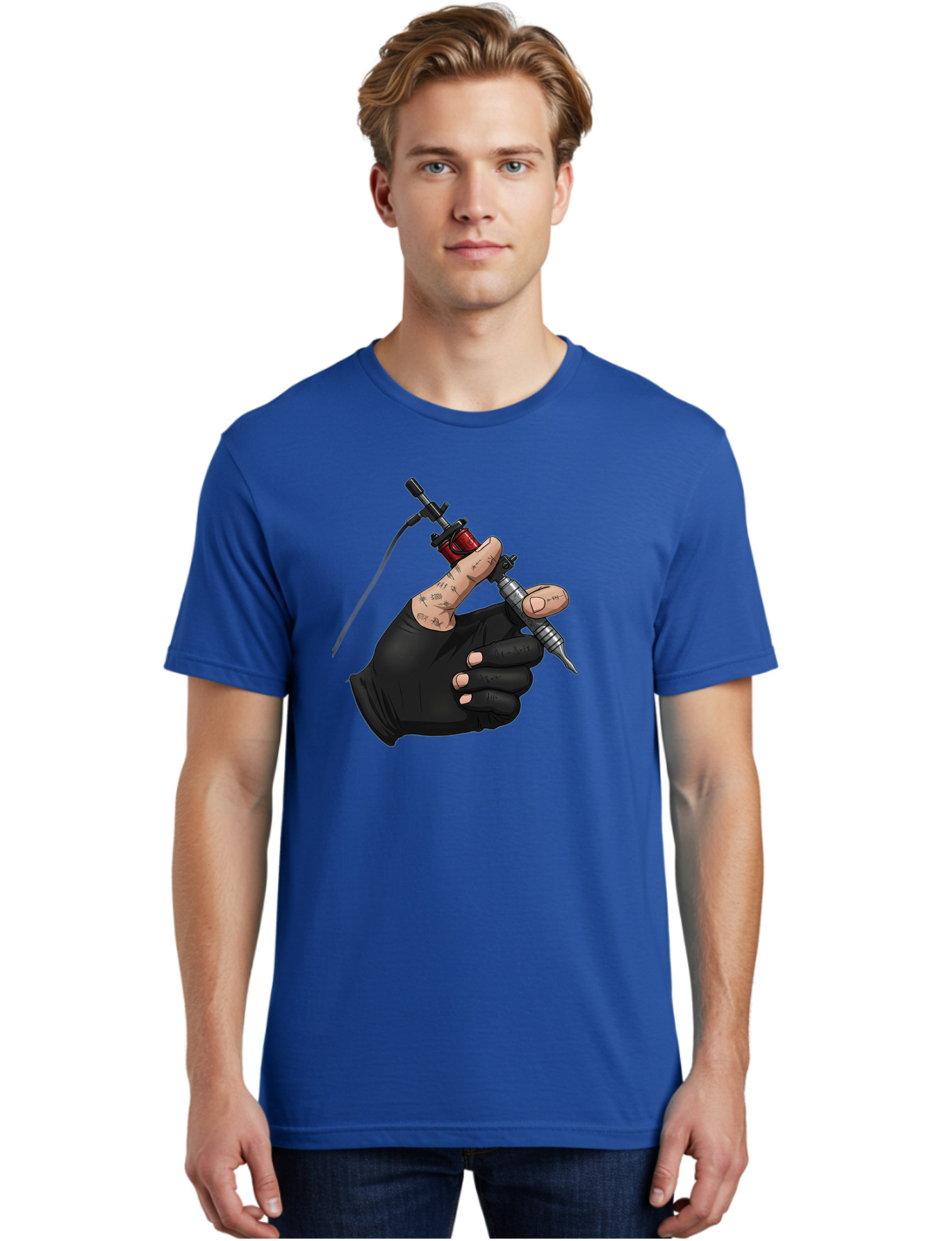 Tattoo-Hand Men'S Graphic Tee, 100% Cotton, Comfortable Casual Summer Wear, Machine Washable, Tattoo Artist Hand, Black Glove, Tattoo Machine In Hand, Red Tattoo Gun, Silver Needle, Tattoo Art, Body Art, Inked Hand Bad802
