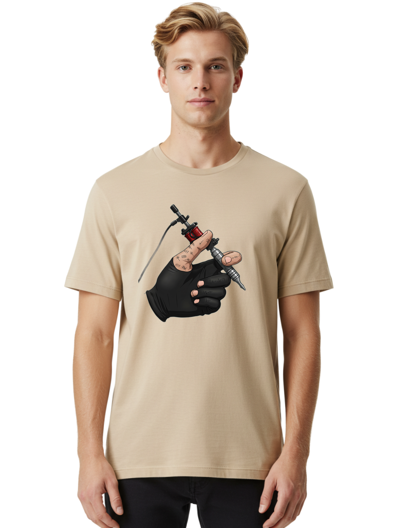 Tattoo-Hand Men'S Graphic Tee, 100% Cotton, Comfortable Casual Summer Wear, Machine Washable, Tattoo Artist Hand, Black Glove, Tattoo Machine In Hand, Red Tattoo Gun, Silver Needle, Tattoo Art, Body Art, Inked Hand Bad802