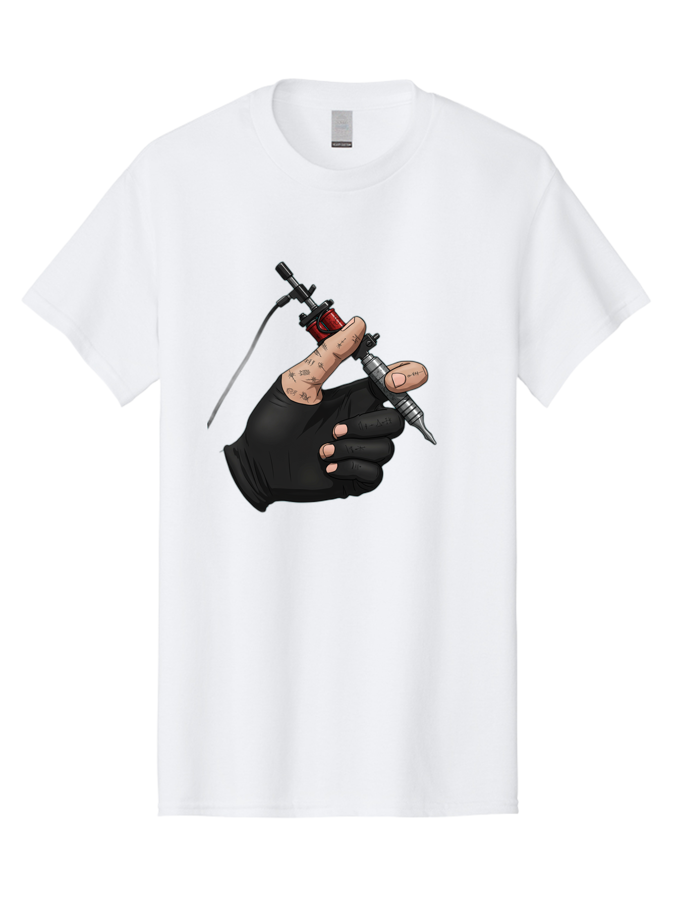 Tattoo-Hand Men'S Graphic Tee, 100% Cotton, Comfortable Casual Summer Wear, Machine Washable, Tattoo Artist Hand, Black Glove, Tattoo Machine In Hand, Red Tattoo Gun, Silver Needle, Tattoo Art, Body Art, Inked Hand Bad802
