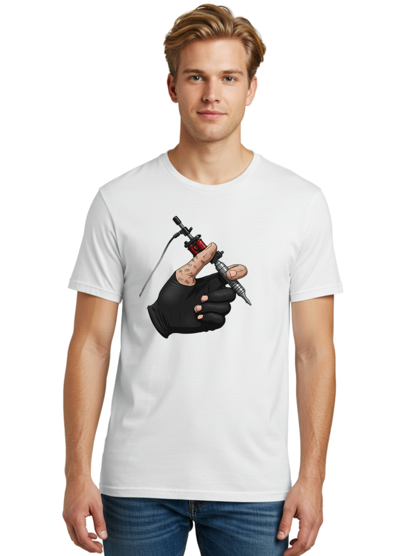Tattoo-Hand Men'S Graphic Tee, 100% Cotton, Comfortable Casual Summer Wear, Machine Washable, Tattoo Artist Hand, Black Glove, Tattoo Machine In Hand, Red Tattoo Gun, Silver Needle, Tattoo Art, Body Art, Inked Hand Bad802