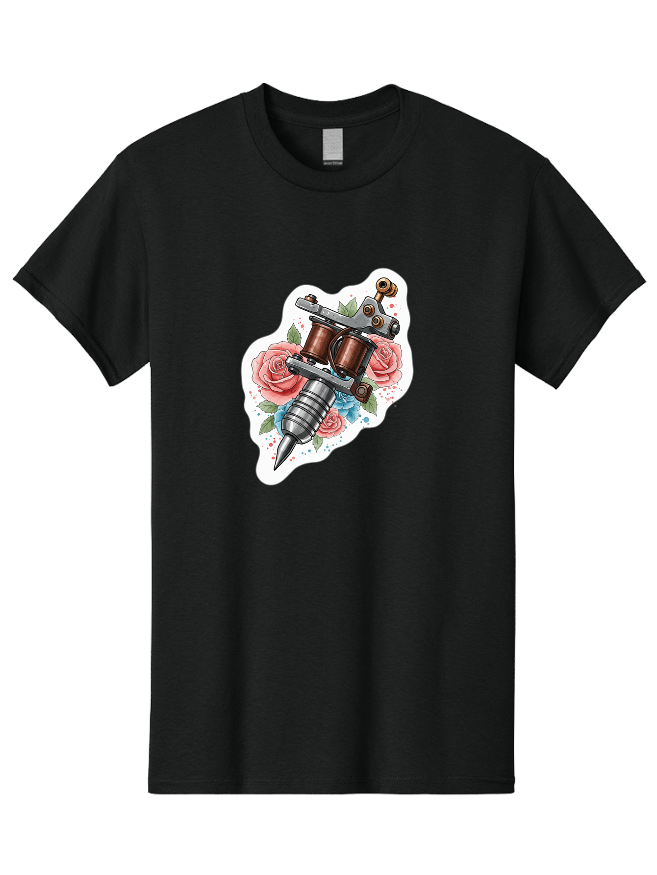 Tattoo-Machine-3 Men'S Graphic Tee, 100% Cotton, Comfortable Casual Summer Wear, Machine Washable, Vintage Tattoo Machine, Floral Design, Pink Roses, Blue Flowers, Body Art, Tattoo Culture, Ink, Artistic Expression, Decorative Art, Bad805