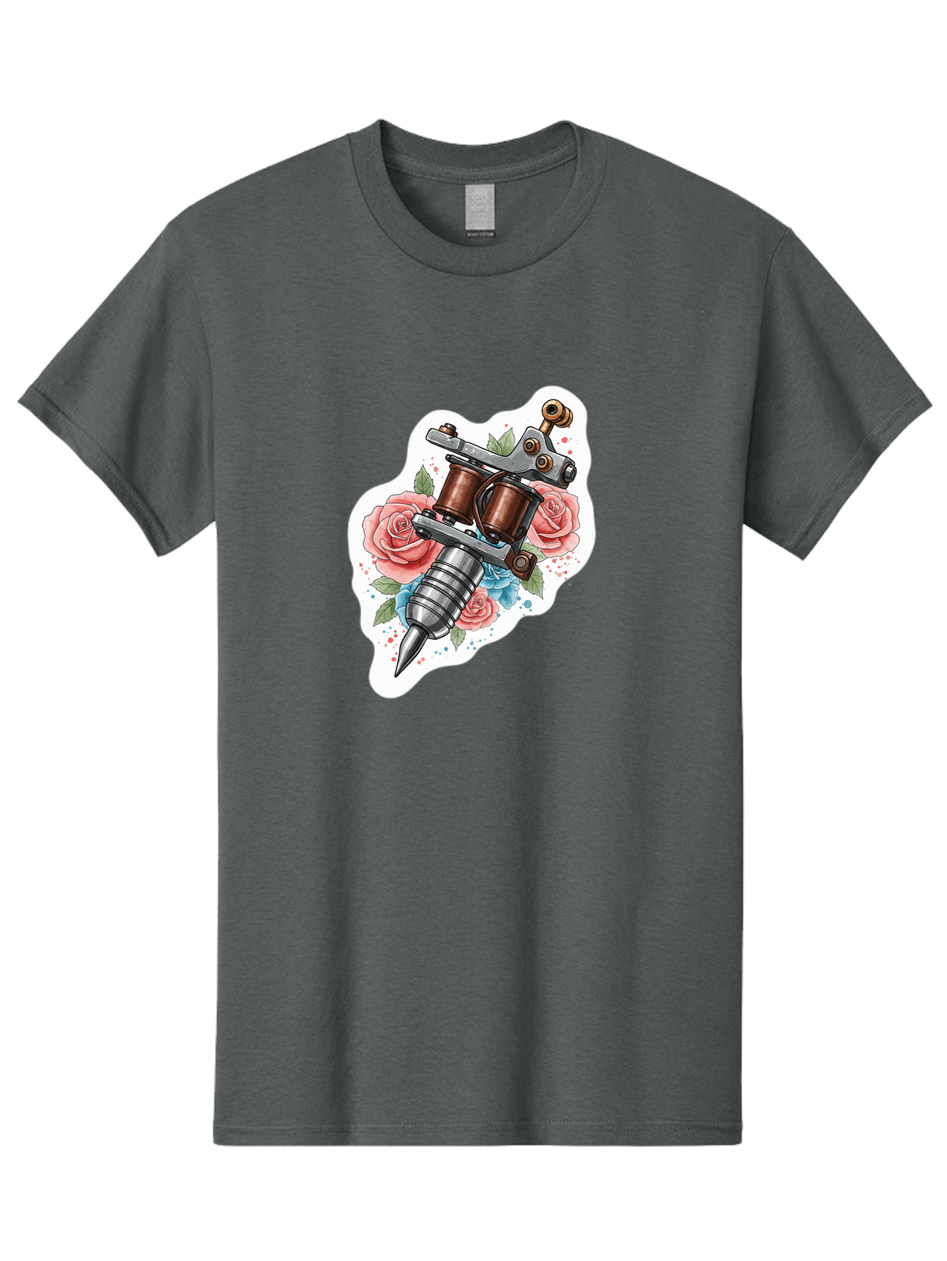 Tattoo-Machine-3 Men'S Graphic Tee, 100% Cotton, Comfortable Casual Summer Wear, Machine Washable, Vintage Tattoo Machine, Floral Design, Pink Roses, Blue Flowers, Body Art, Tattoo Culture, Ink, Artistic Expression, Decorative Art, Bad805