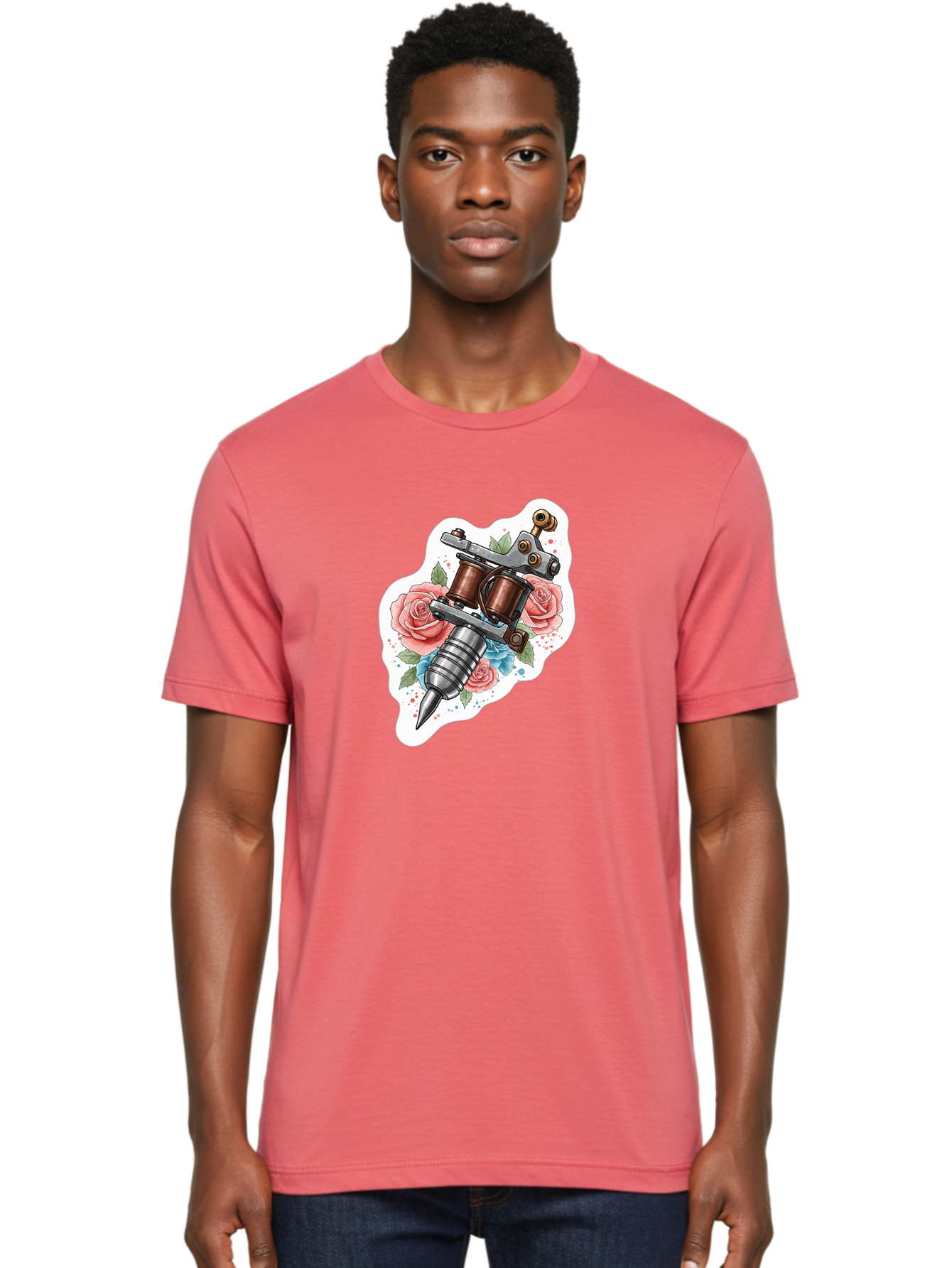 Tattoo-Machine-3 Men'S Graphic Tee, 100% Cotton, Comfortable Casual Summer Wear, Machine Washable, Vintage Tattoo Machine, Floral Design, Pink Roses, Blue Flowers, Body Art, Tattoo Culture, Ink, Artistic Expression, Decorative Art, Bad805