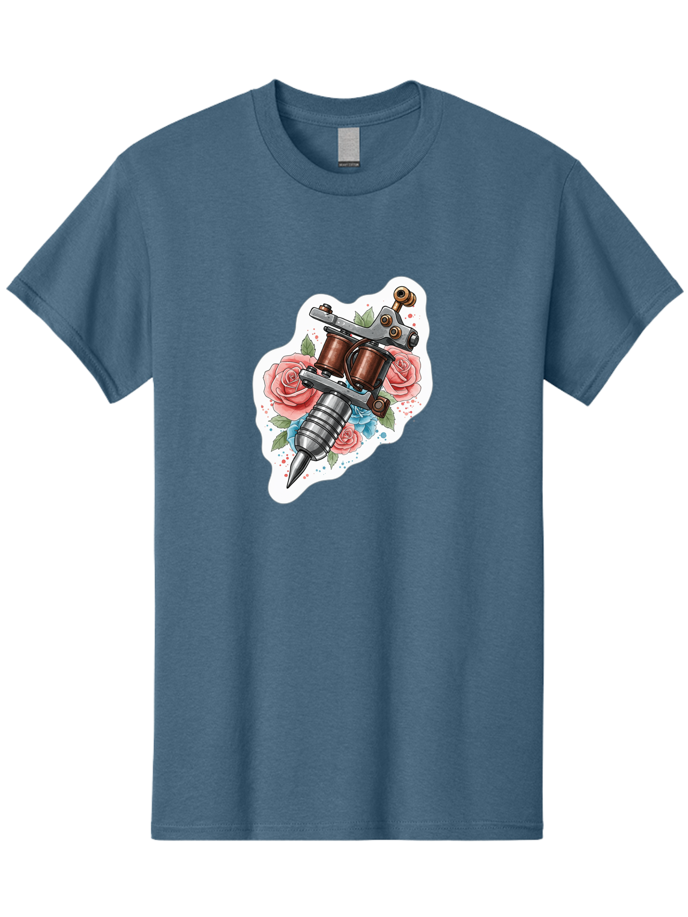 Tattoo-Machine-3 Men'S Graphic Tee, 100% Cotton, Comfortable Casual Summer Wear, Machine Washable, Vintage Tattoo Machine, Floral Design, Pink Roses, Blue Flowers, Body Art, Tattoo Culture, Ink, Artistic Expression, Decorative Art, Bad805