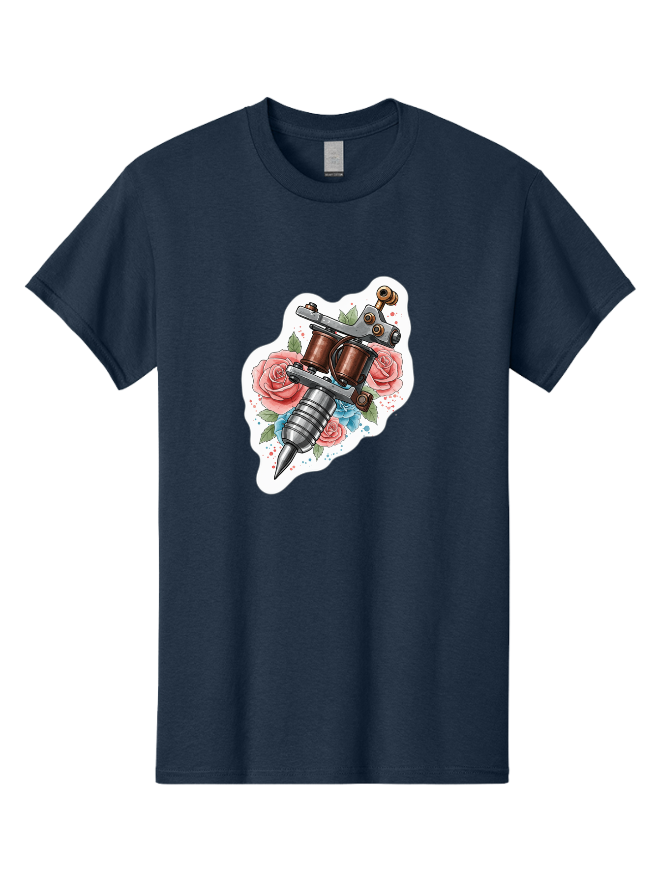 Tattoo-Machine-3 Men'S Graphic Tee, 100% Cotton, Comfortable Casual Summer Wear, Machine Washable, Vintage Tattoo Machine, Floral Design, Pink Roses, Blue Flowers, Body Art, Tattoo Culture, Ink, Artistic Expression, Decorative Art, Bad805