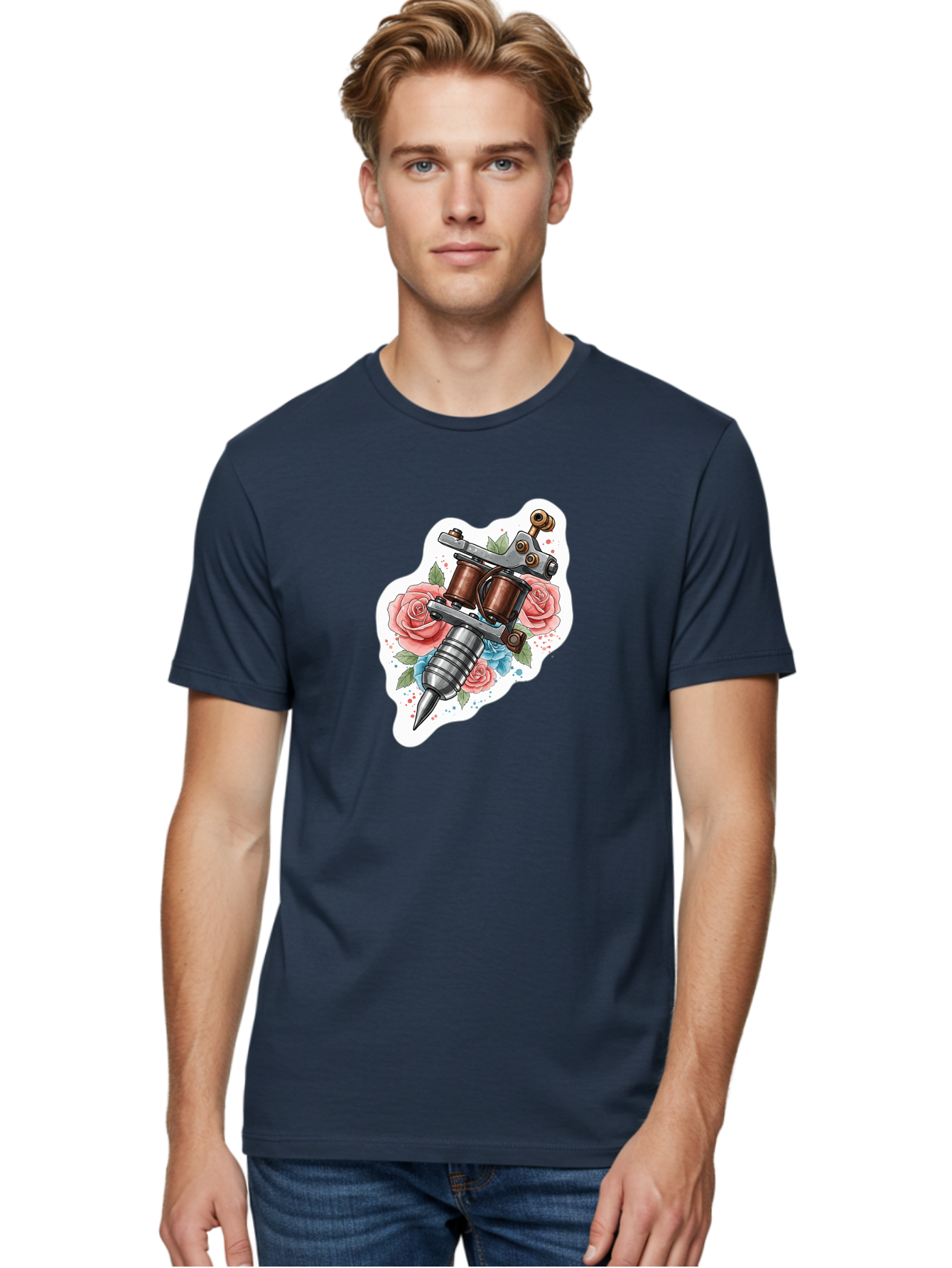Tattoo-Machine-3 Men'S Graphic Tee, 100% Cotton, Comfortable Casual Summer Wear, Machine Washable, Vintage Tattoo Machine, Floral Design, Pink Roses, Blue Flowers, Body Art, Tattoo Culture, Ink, Artistic Expression, Decorative Art, Bad805