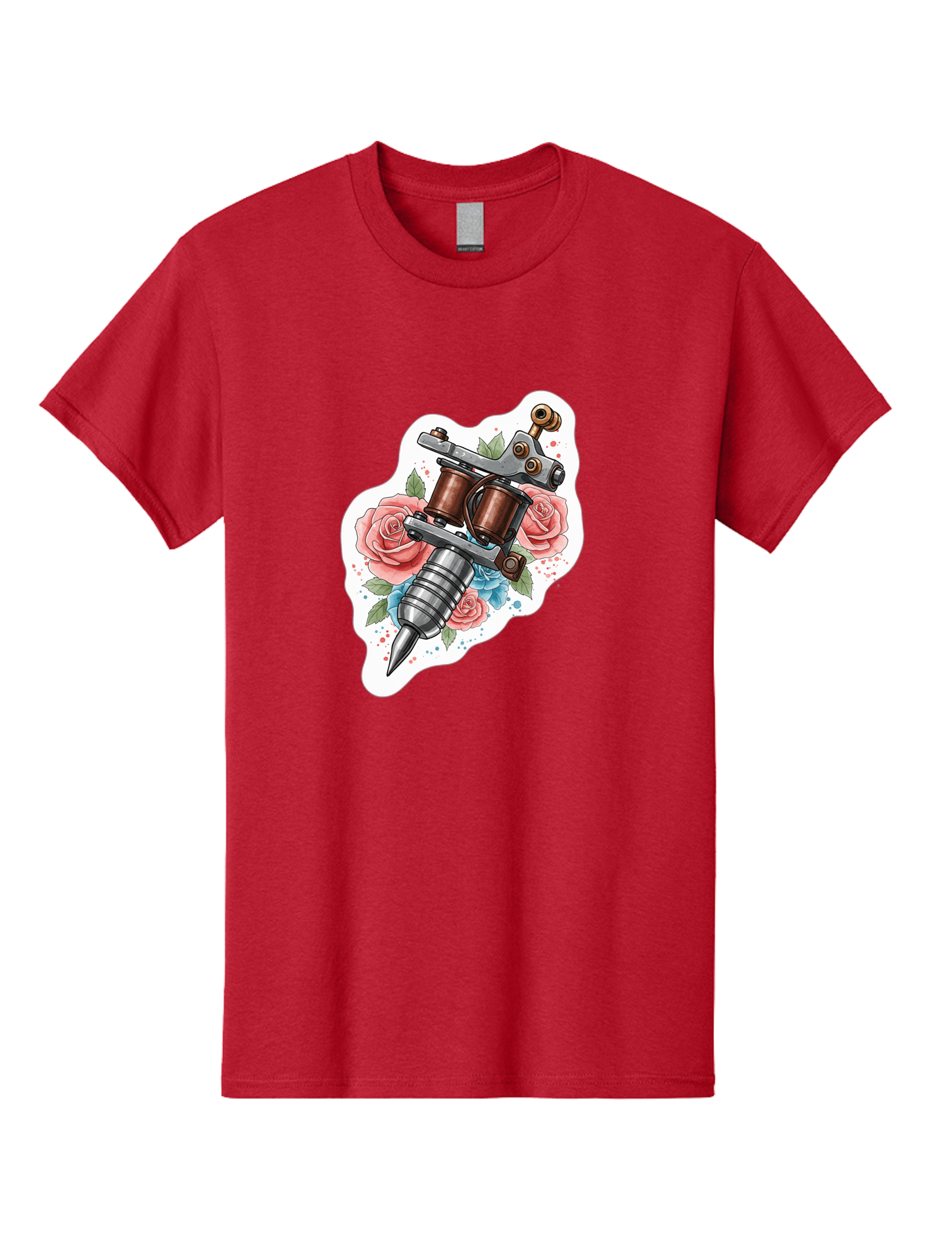 Tattoo-Machine-3 Men'S Graphic Tee, 100% Cotton, Comfortable Casual Summer Wear, Machine Washable, Vintage Tattoo Machine, Floral Design, Pink Roses, Blue Flowers, Body Art, Tattoo Culture, Ink, Artistic Expression, Decorative Art, Bad805