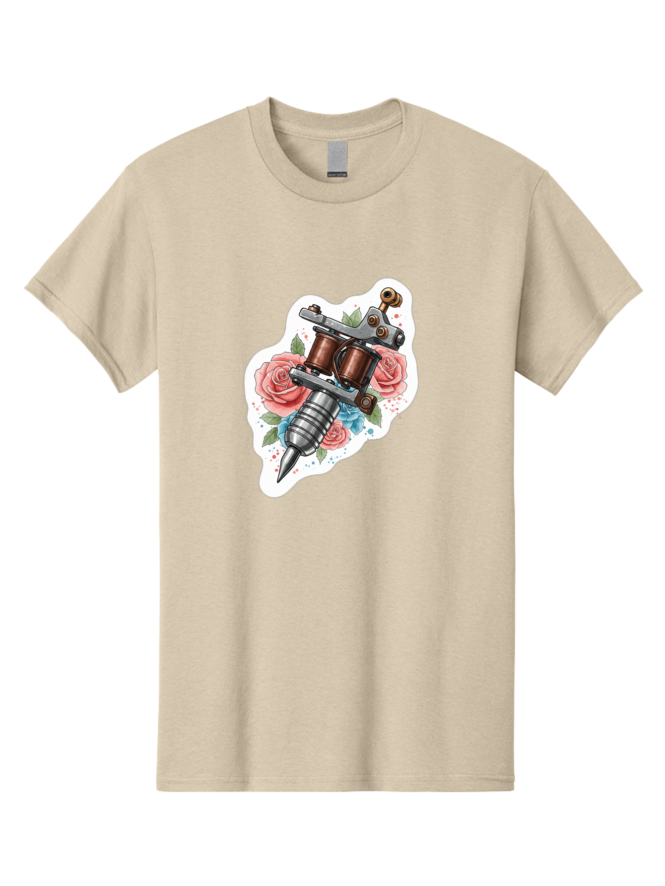 Tattoo-Machine-3 Men'S Graphic Tee, 100% Cotton, Comfortable Casual Summer Wear, Machine Washable, Vintage Tattoo Machine, Floral Design, Pink Roses, Blue Flowers, Body Art, Tattoo Culture, Ink, Artistic Expression, Decorative Art, Bad805