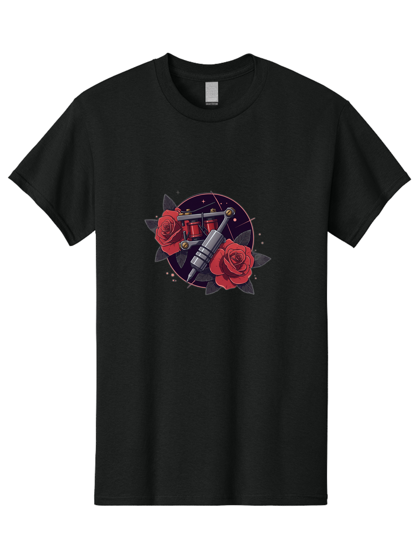Tattoo-Machine-And-Roses Men'S Graphic Tee, 100% Cotton, Comfortable Casual Summer Wear, Machine Washable, Tattoo Machine, Red Roses, Floral Design, Tattoo Art, Vintage Tattoo, Tattoo Equipment, Ink Art, Rose Tattoo Bad806