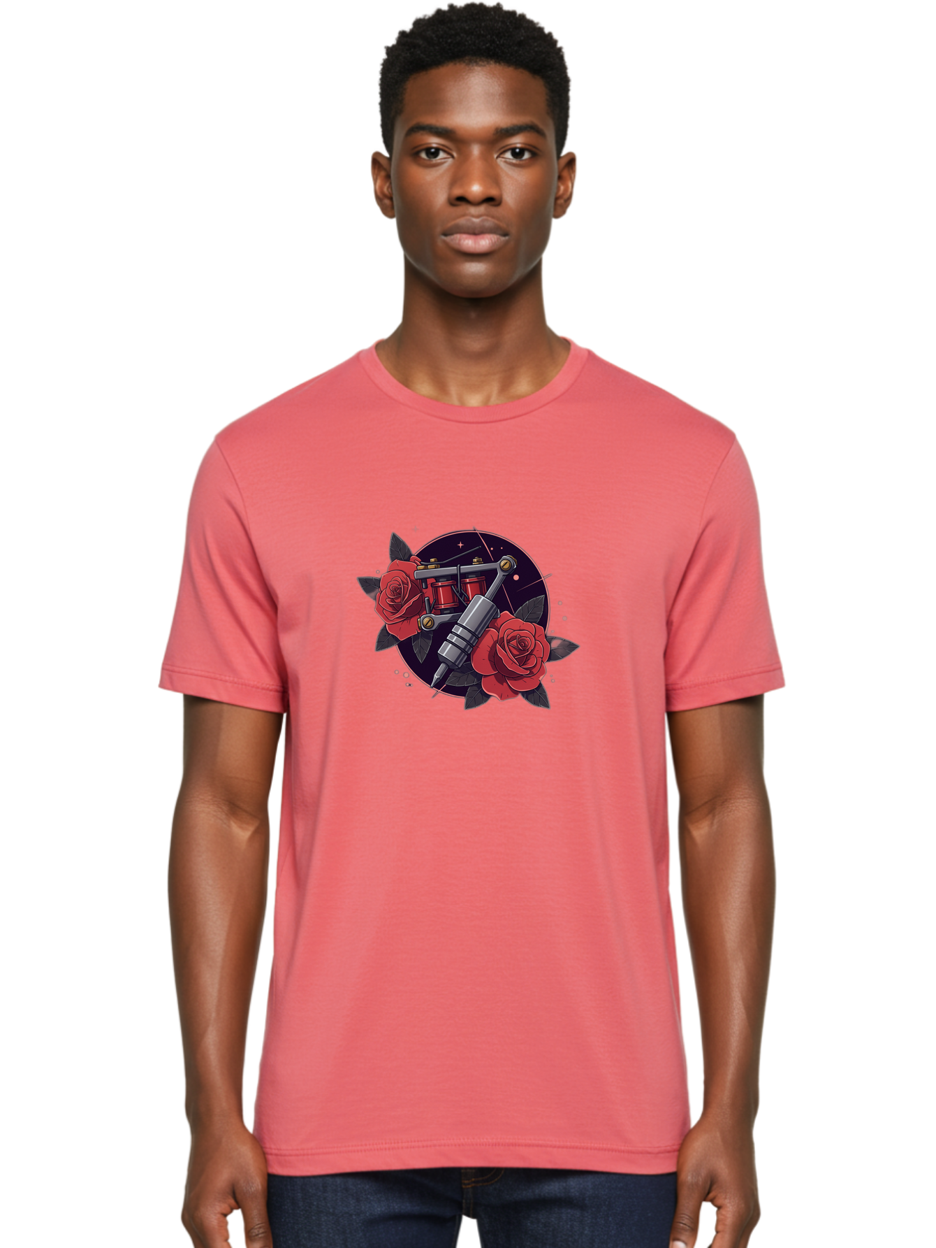 Tattoo-Machine-And-Roses Men'S Graphic Tee, 100% Cotton, Comfortable Casual Summer Wear, Machine Washable, Tattoo Machine, Red Roses, Floral Design, Tattoo Art, Vintage Tattoo, Tattoo Equipment, Ink Art, Rose Tattoo Bad806