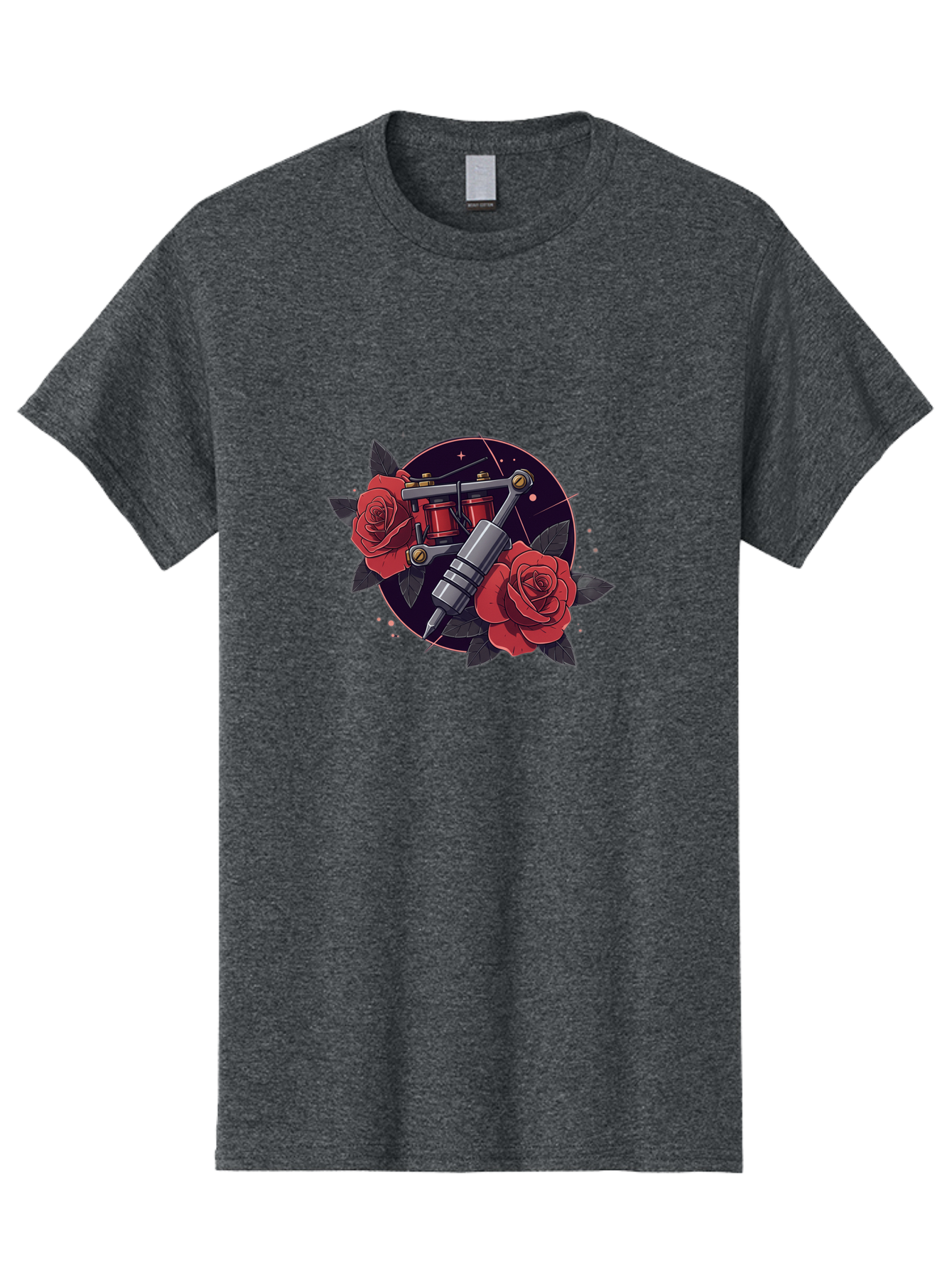 Tattoo-Machine-And-Roses Men'S Graphic Tee, 100% Cotton, Comfortable Casual Summer Wear, Machine Washable, Tattoo Machine, Red Roses, Floral Design, Tattoo Art, Vintage Tattoo, Tattoo Equipment, Ink Art, Rose Tattoo Bad806