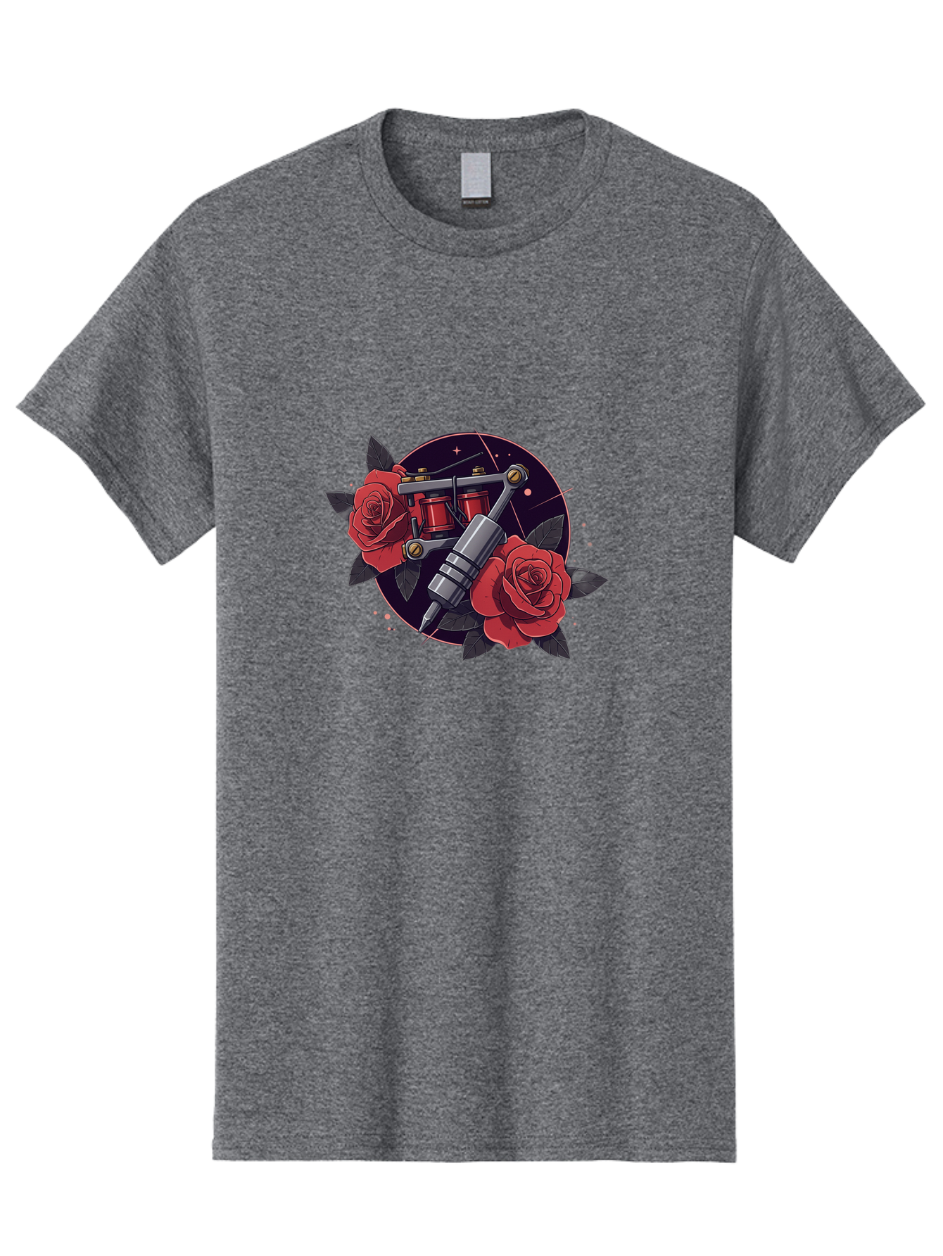Tattoo-Machine-And-Roses Men'S Graphic Tee, 100% Cotton, Comfortable Casual Summer Wear, Machine Washable, Tattoo Machine, Red Roses, Floral Design, Tattoo Art, Vintage Tattoo, Tattoo Equipment, Ink Art, Rose Tattoo Bad806