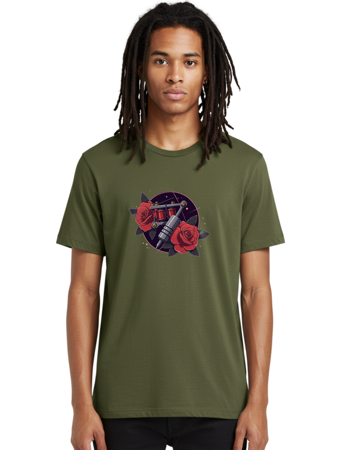 Tattoo-Machine-And-Roses Men'S Graphic Tee, 100% Cotton, Comfortable Casual Summer Wear, Machine Washable, Tattoo Machine, Red Roses, Floral Design, Tattoo Art, Vintage Tattoo, Tattoo Equipment, Ink Art, Rose Tattoo Bad806