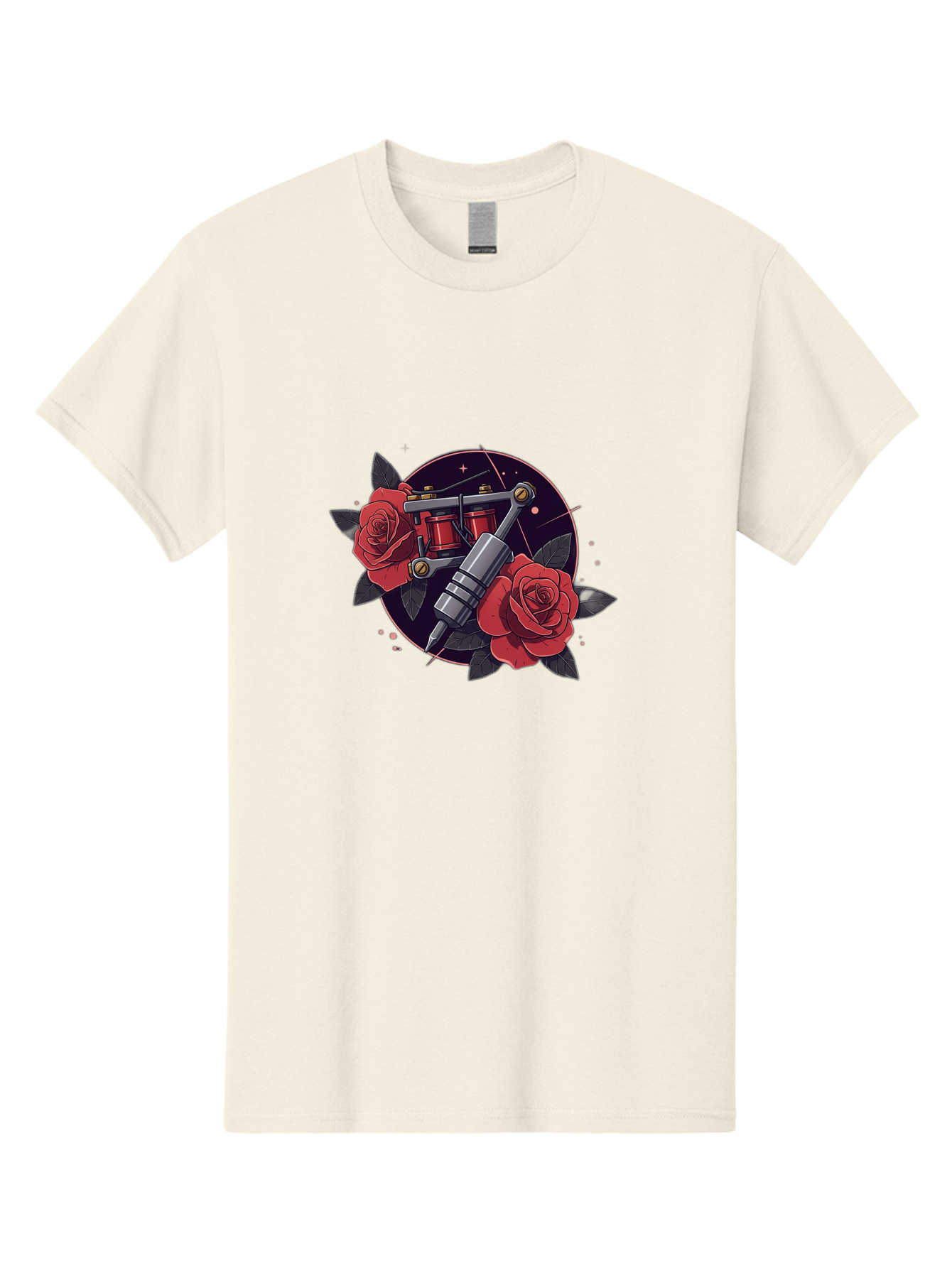 Tattoo-Machine-And-Roses Men'S Graphic Tee, 100% Cotton, Comfortable Casual Summer Wear, Machine Washable, Tattoo Machine, Red Roses, Floral Design, Tattoo Art, Vintage Tattoo, Tattoo Equipment, Ink Art, Rose Tattoo Bad806