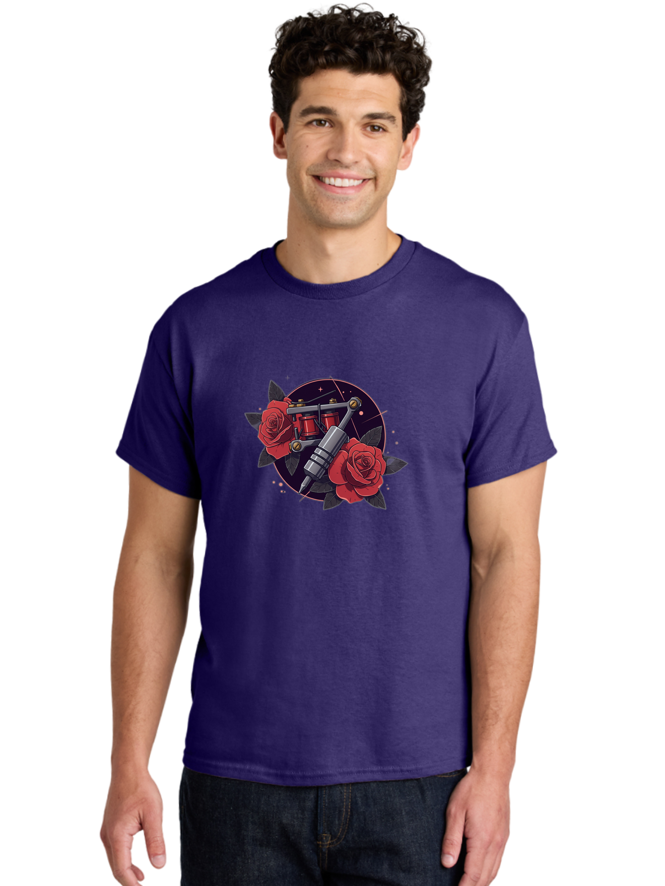 Tattoo-Machine-And-Roses Men'S Graphic Tee, 100% Cotton, Comfortable Casual Summer Wear, Machine Washable, Tattoo Machine, Red Roses, Floral Design, Tattoo Art, Vintage Tattoo, Tattoo Equipment, Ink Art, Rose Tattoo Bad806