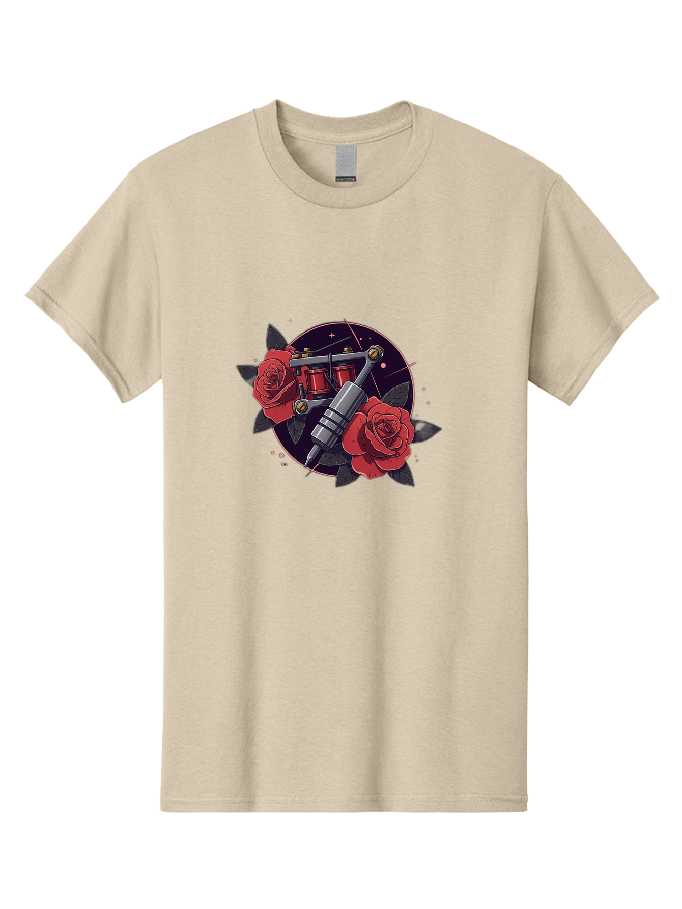 Tattoo-Machine-And-Roses Men'S Graphic Tee, 100% Cotton, Comfortable Casual Summer Wear, Machine Washable, Tattoo Machine, Red Roses, Floral Design, Tattoo Art, Vintage Tattoo, Tattoo Equipment, Ink Art, Rose Tattoo Bad806