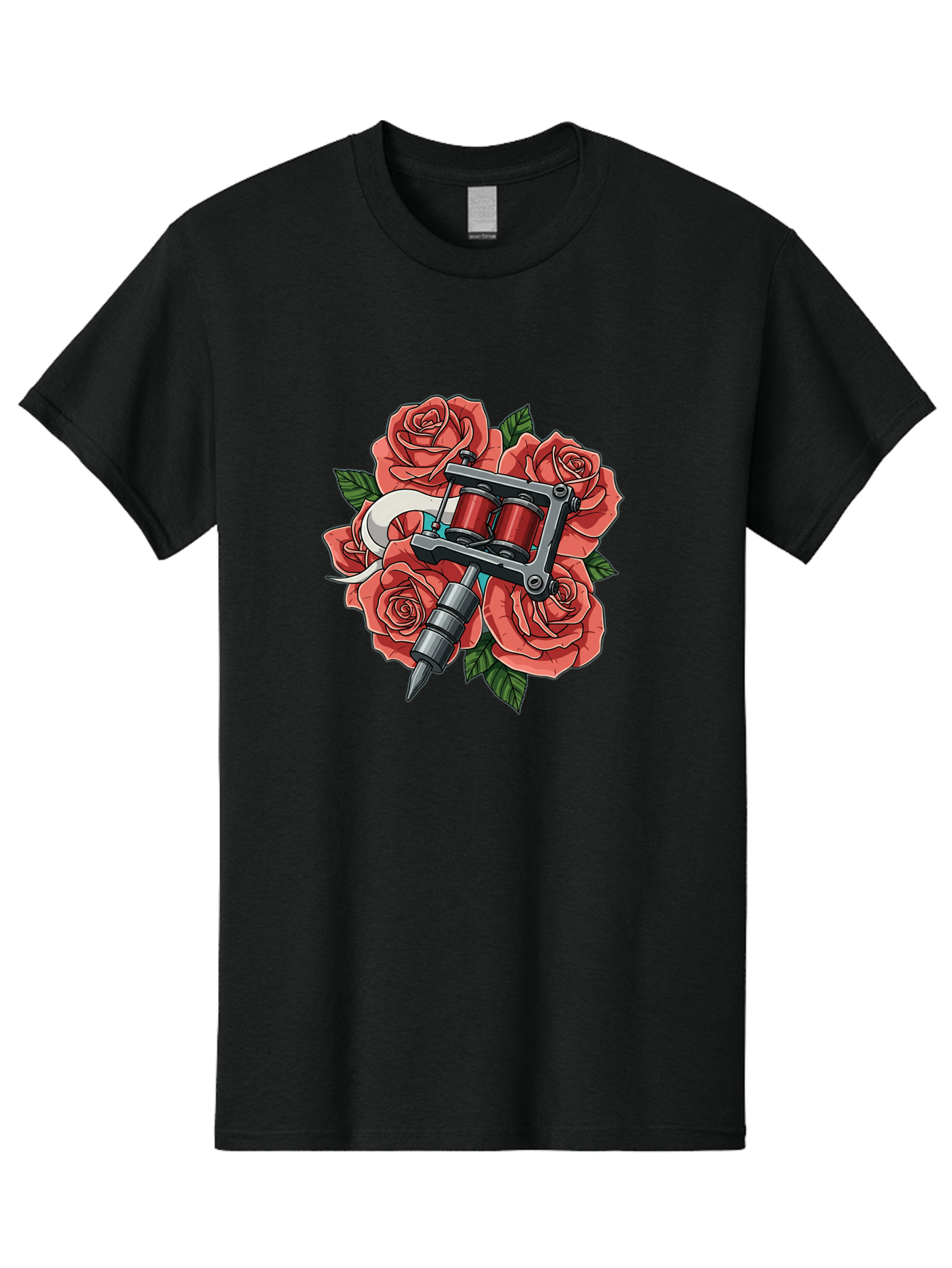Tattoo-Machine-Roses-1 Men'S Graphic Tee, 100% Cotton, Comfortable Casual Summer Wear, Machine Washable, Tattoo Machine, Red Roses, Floral Design, Tattoo Art, Ink Art, Body Art, Tattoo Culture, Rose Bouquet, Vintage Tattoo Style Bad808