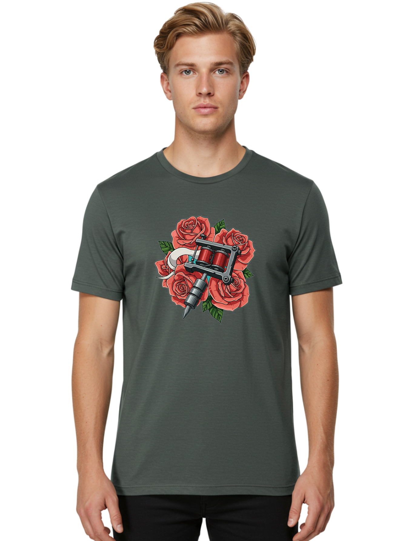 Tattoo-Machine-Roses-1 Men'S Graphic Tee, 100% Cotton, Comfortable Casual Summer Wear, Machine Washable, Tattoo Machine, Red Roses, Floral Design, Tattoo Art, Ink Art, Body Art, Tattoo Culture, Rose Bouquet, Vintage Tattoo Style Bad808