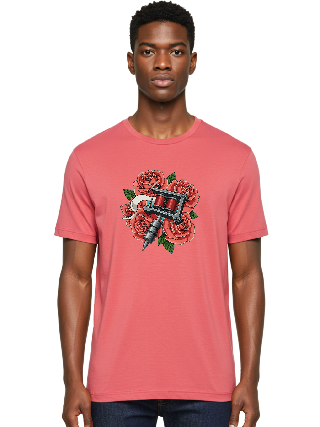 Tattoo-Machine-Roses-1 Men'S Graphic Tee, 100% Cotton, Comfortable Casual Summer Wear, Machine Washable, Tattoo Machine, Red Roses, Floral Design, Tattoo Art, Ink Art, Body Art, Tattoo Culture, Rose Bouquet, Vintage Tattoo Style Bad808
