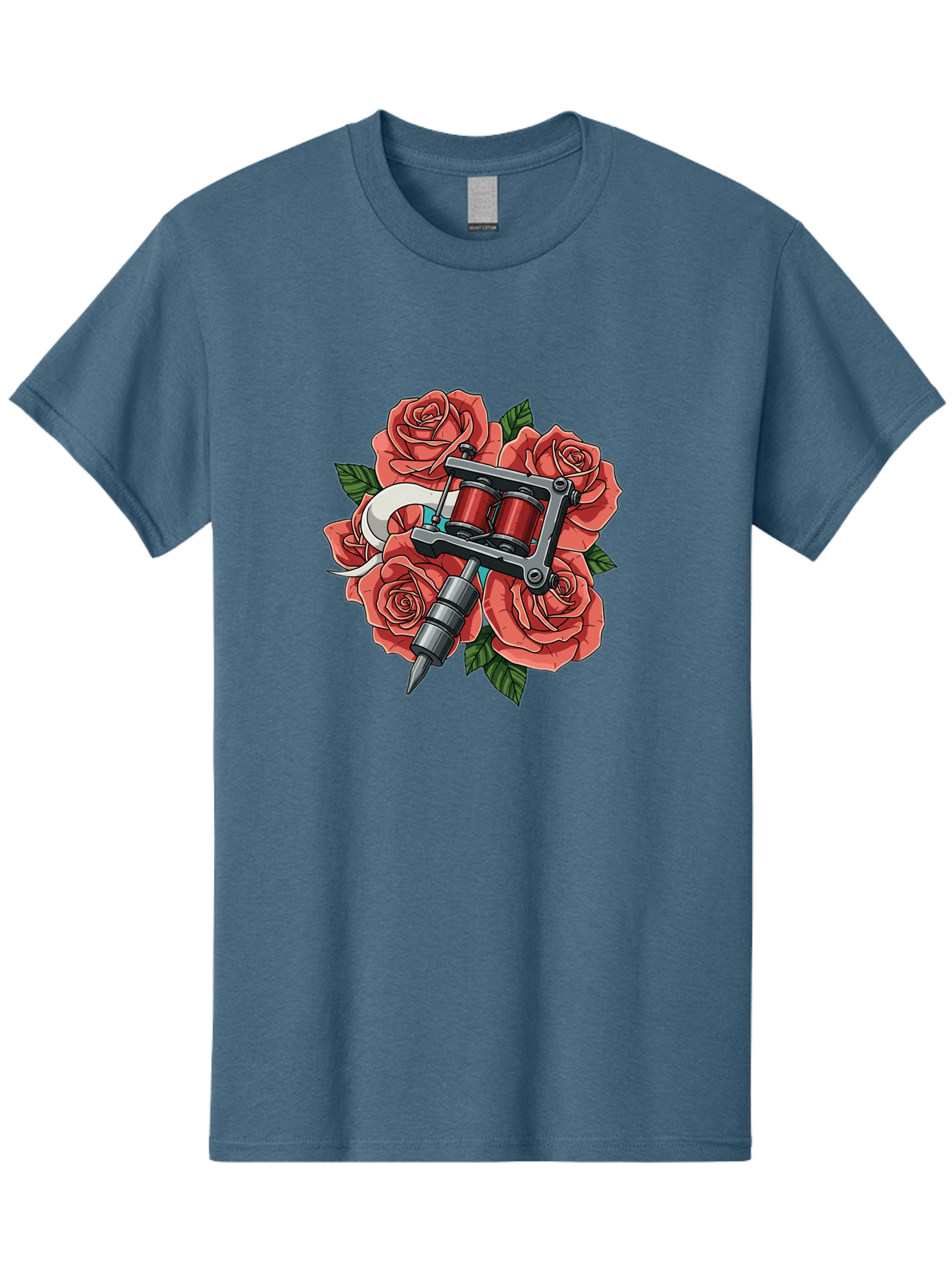 Tattoo-Machine-Roses-1 Men'S Graphic Tee, 100% Cotton, Comfortable Casual Summer Wear, Machine Washable, Tattoo Machine, Red Roses, Floral Design, Tattoo Art, Ink Art, Body Art, Tattoo Culture, Rose Bouquet, Vintage Tattoo Style Bad808