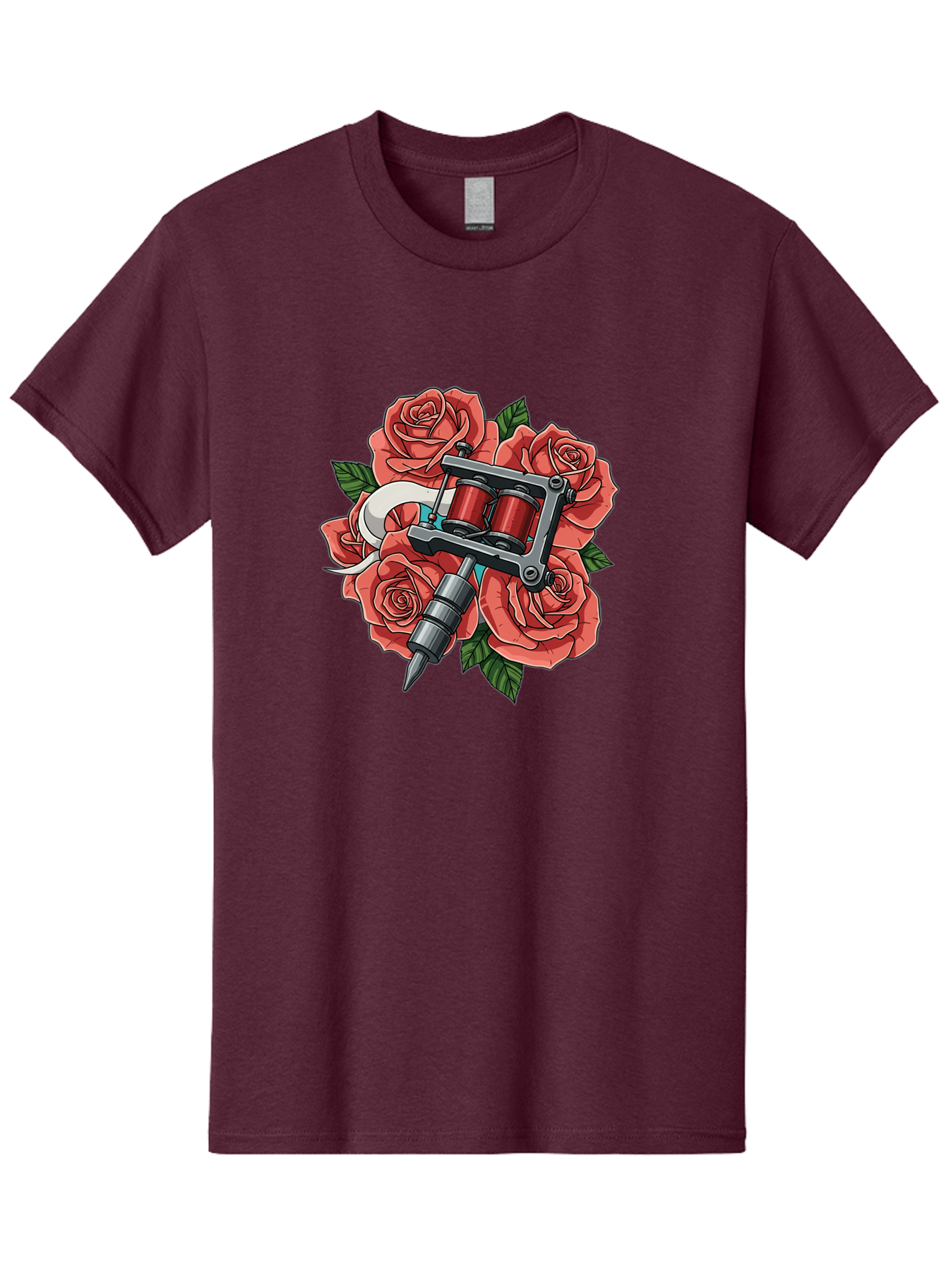 Tattoo-Machine-Roses-1 Men'S Graphic Tee, 100% Cotton, Comfortable Casual Summer Wear, Machine Washable, Tattoo Machine, Red Roses, Floral Design, Tattoo Art, Ink Art, Body Art, Tattoo Culture, Rose Bouquet, Vintage Tattoo Style Bad808