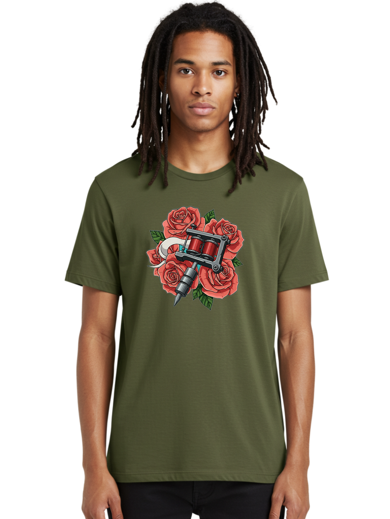 Tattoo-Machine-Roses-1 Men'S Graphic Tee, 100% Cotton, Comfortable Casual Summer Wear, Machine Washable, Tattoo Machine, Red Roses, Floral Design, Tattoo Art, Ink Art, Body Art, Tattoo Culture, Rose Bouquet, Vintage Tattoo Style Bad808