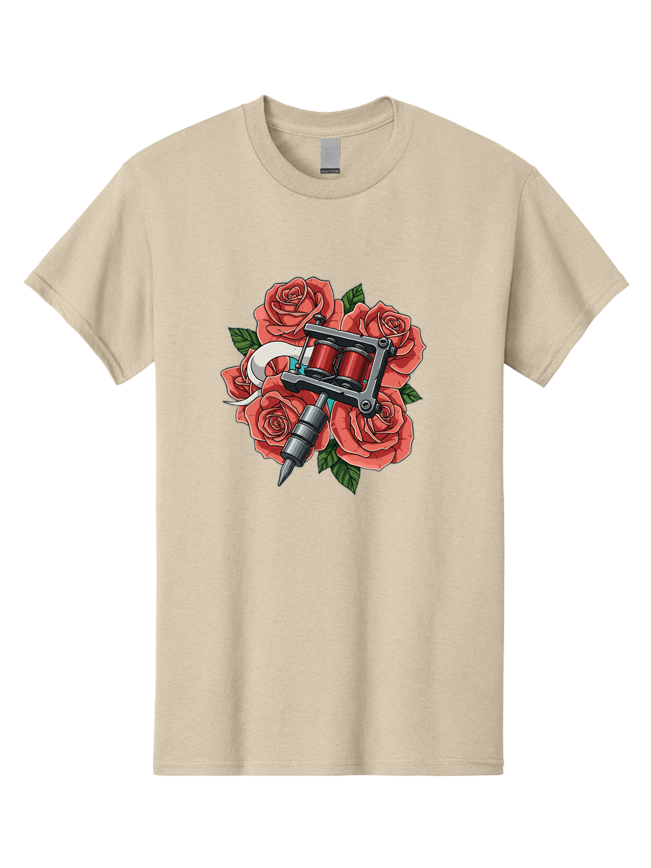 Tattoo-Machine-Roses-1 Men'S Graphic Tee, 100% Cotton, Comfortable Casual Summer Wear, Machine Washable, Tattoo Machine, Red Roses, Floral Design, Tattoo Art, Ink Art, Body Art, Tattoo Culture, Rose Bouquet, Vintage Tattoo Style Bad808