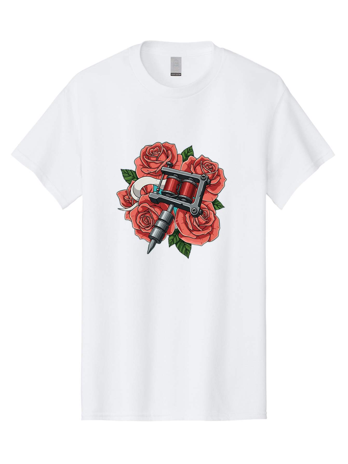 Tattoo-Machine-Roses-1 Men'S Graphic Tee, 100% Cotton, Comfortable Casual Summer Wear, Machine Washable, Tattoo Machine, Red Roses, Floral Design, Tattoo Art, Ink Art, Body Art, Tattoo Culture, Rose Bouquet, Vintage Tattoo Style Bad808