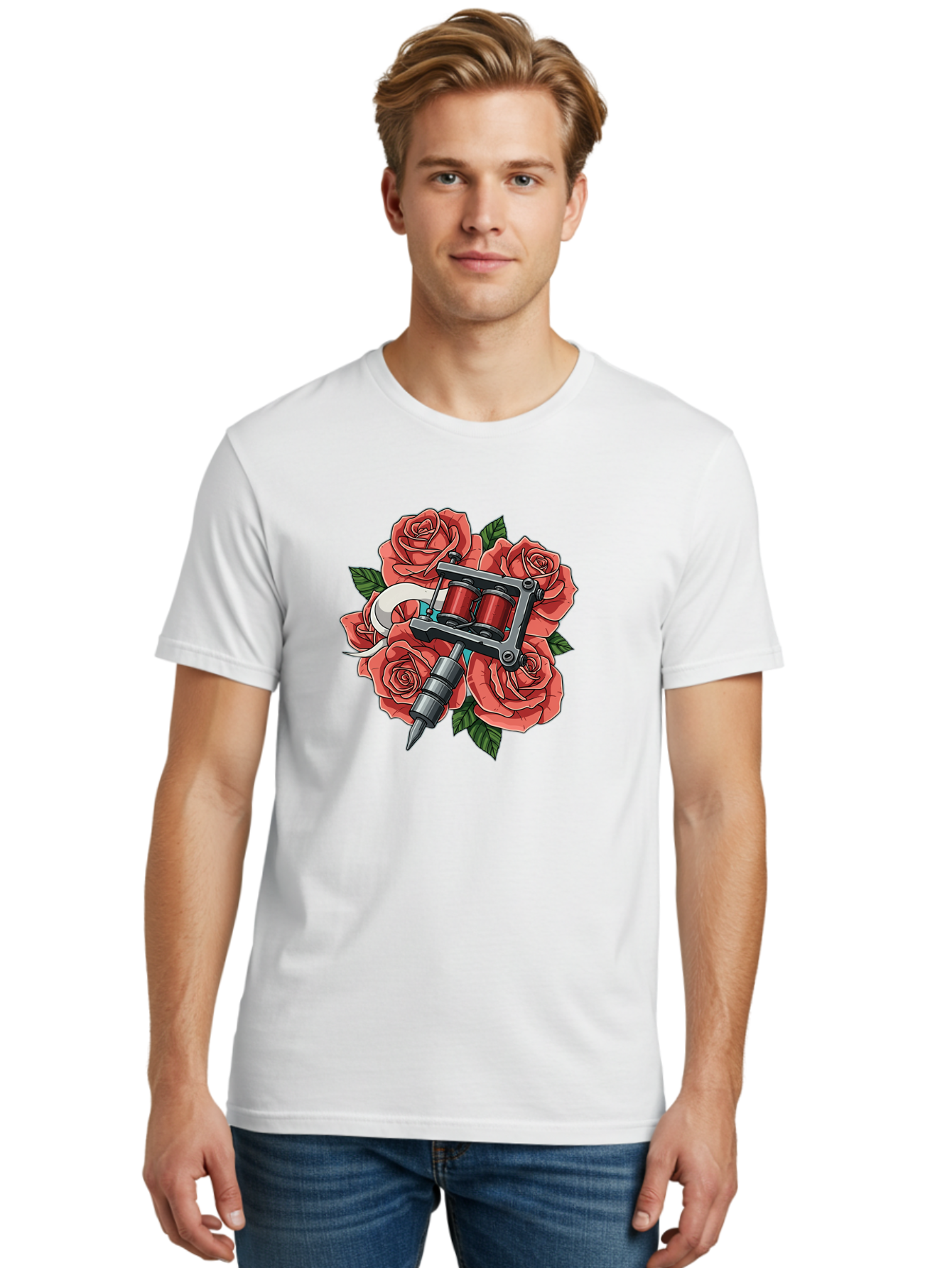 Tattoo-Machine-Roses-1 Men'S Graphic Tee, 100% Cotton, Comfortable Casual Summer Wear, Machine Washable, Tattoo Machine, Red Roses, Floral Design, Tattoo Art, Ink Art, Body Art, Tattoo Culture, Rose Bouquet, Vintage Tattoo Style Bad808