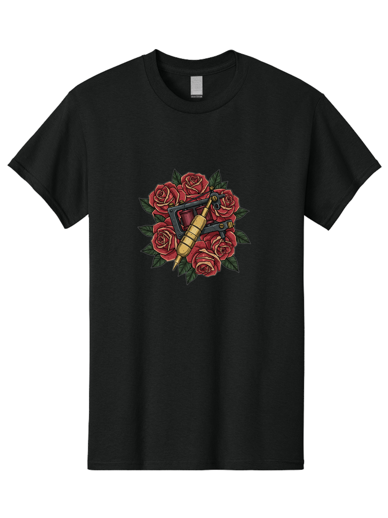 Tattoo-Machine-Roses Men'S Graphic Tee, 100% Cotton, Comfortable Casual Summer Wear, Machine Washable, Tattoo Machine, Red Roses, Floral Design, Traditional Tattoo Art, Vintage Tattoo Style, Tattoo Equipment, Ink Art, Rose Bouquet Bad809
