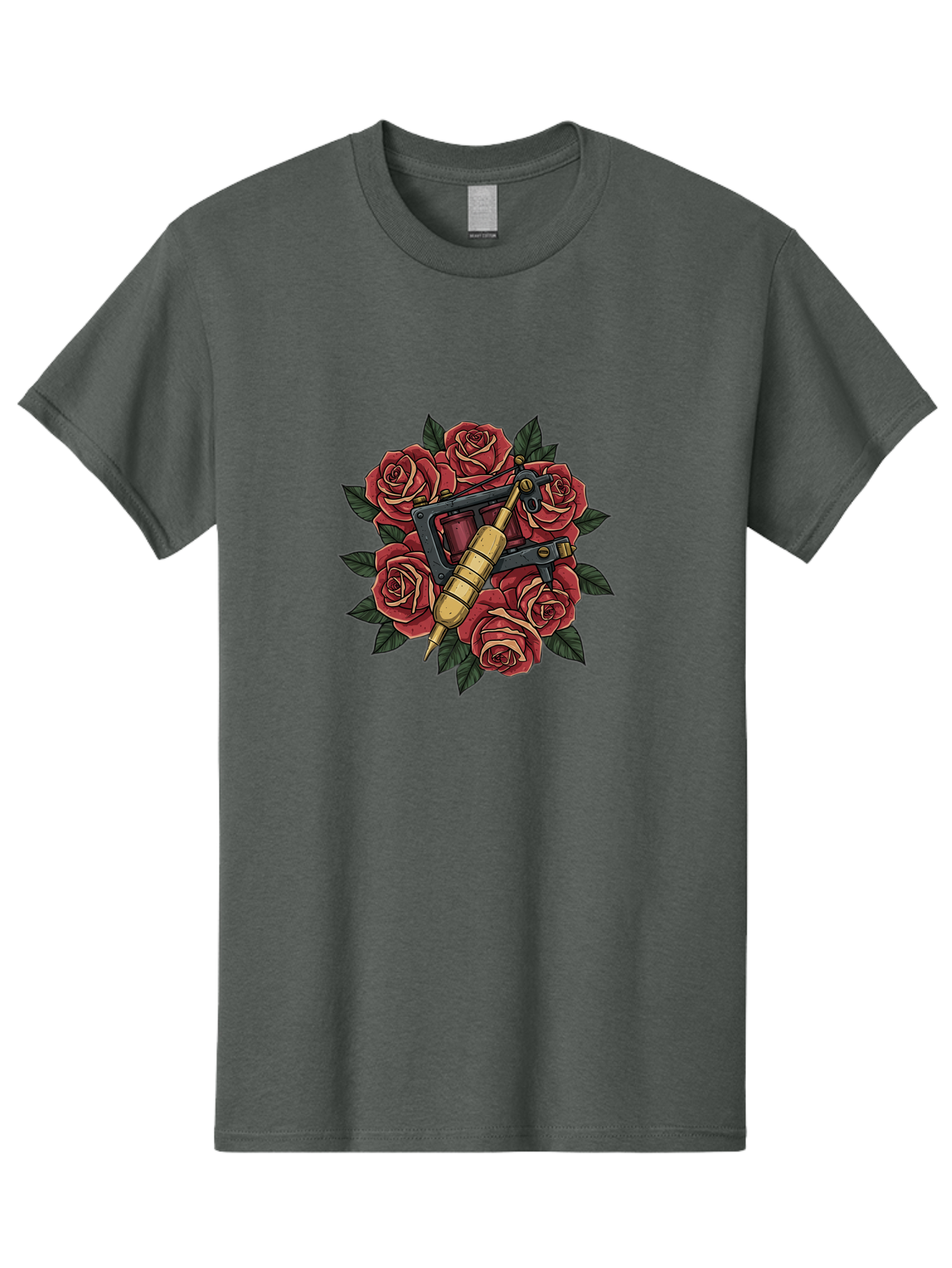 Tattoo-Machine-Roses Men'S Graphic Tee, 100% Cotton, Comfortable Casual Summer Wear, Machine Washable, Tattoo Machine, Red Roses, Floral Design, Traditional Tattoo Art, Vintage Tattoo Style, Tattoo Equipment, Ink Art, Rose Bouquet Bad809