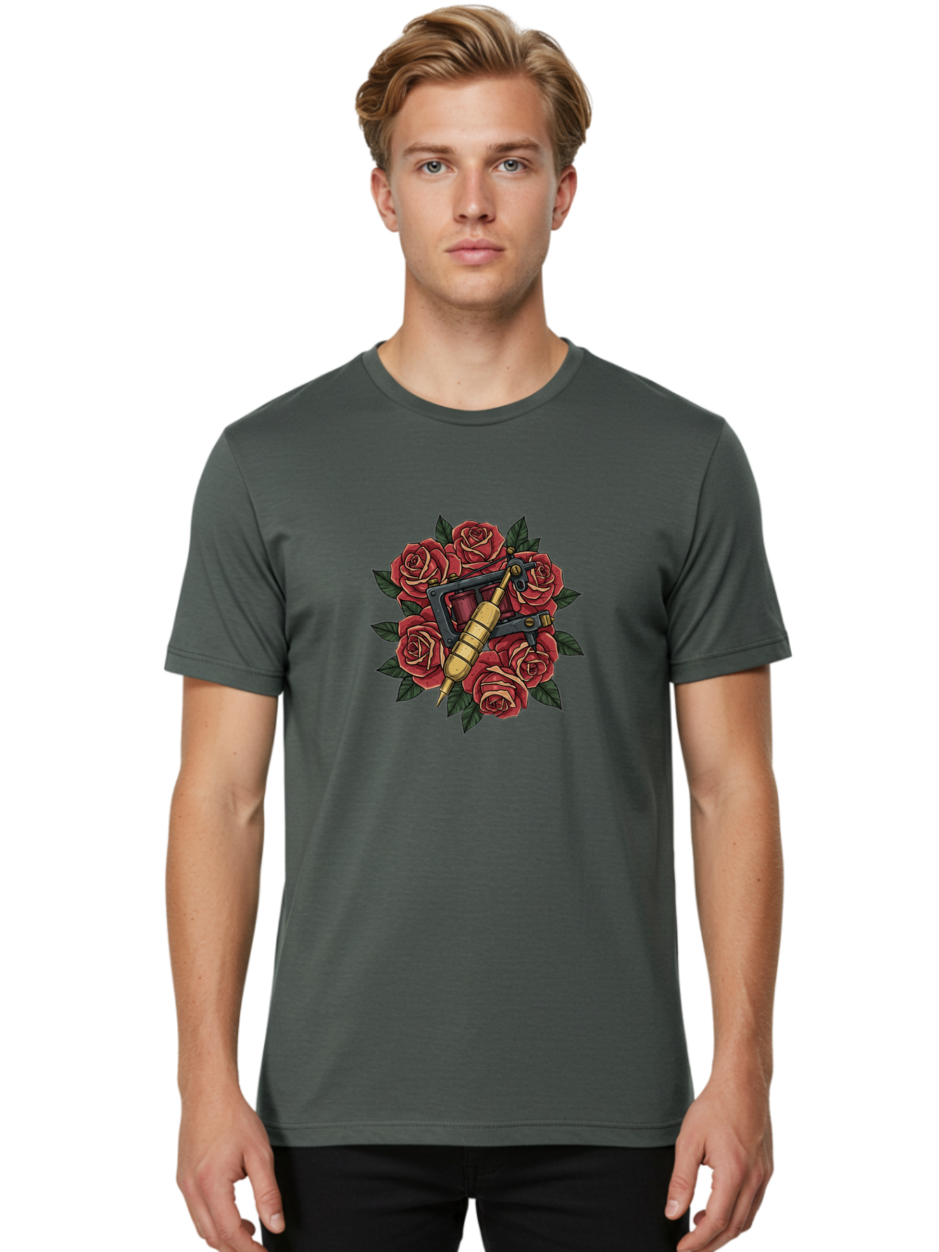 Tattoo-Machine-Roses Men'S Graphic Tee, 100% Cotton, Comfortable Casual Summer Wear, Machine Washable, Tattoo Machine, Red Roses, Floral Design, Traditional Tattoo Art, Vintage Tattoo Style, Tattoo Equipment, Ink Art, Rose Bouquet Bad809