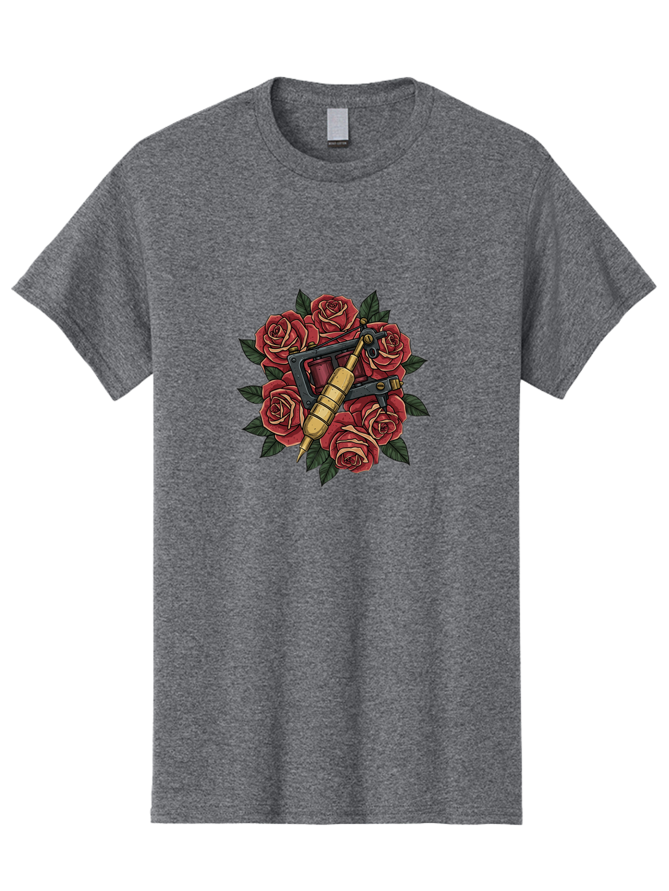 Tattoo-Machine-Roses Men'S Graphic Tee, 100% Cotton, Comfortable Casual Summer Wear, Machine Washable, Tattoo Machine, Red Roses, Floral Design, Traditional Tattoo Art, Vintage Tattoo Style, Tattoo Equipment, Ink Art, Rose Bouquet Bad809