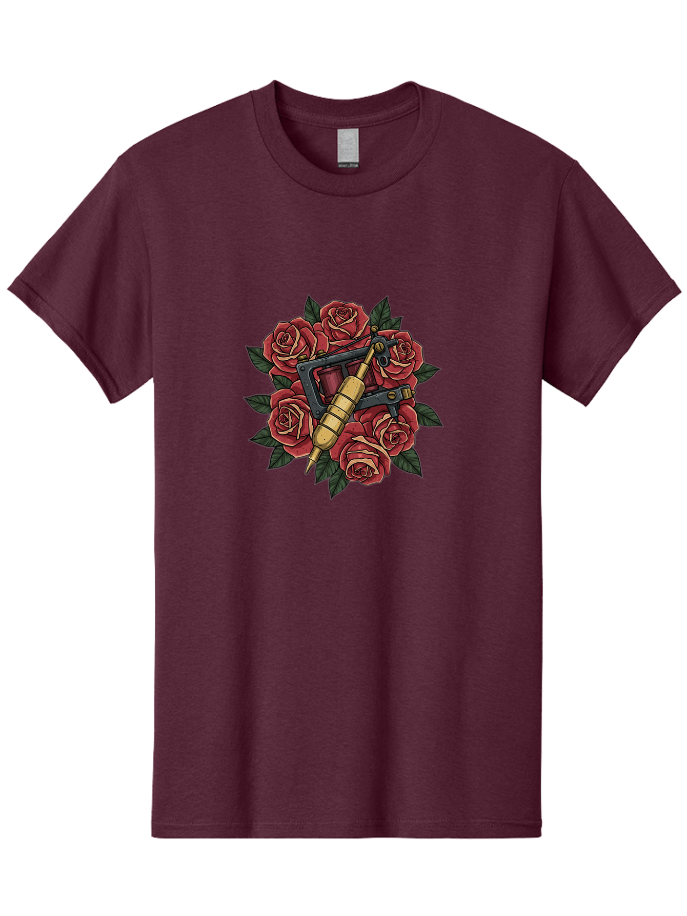 Tattoo-Machine-Roses Men'S Graphic Tee, 100% Cotton, Comfortable Casual Summer Wear, Machine Washable, Tattoo Machine, Red Roses, Floral Design, Traditional Tattoo Art, Vintage Tattoo Style, Tattoo Equipment, Ink Art, Rose Bouquet Bad809
