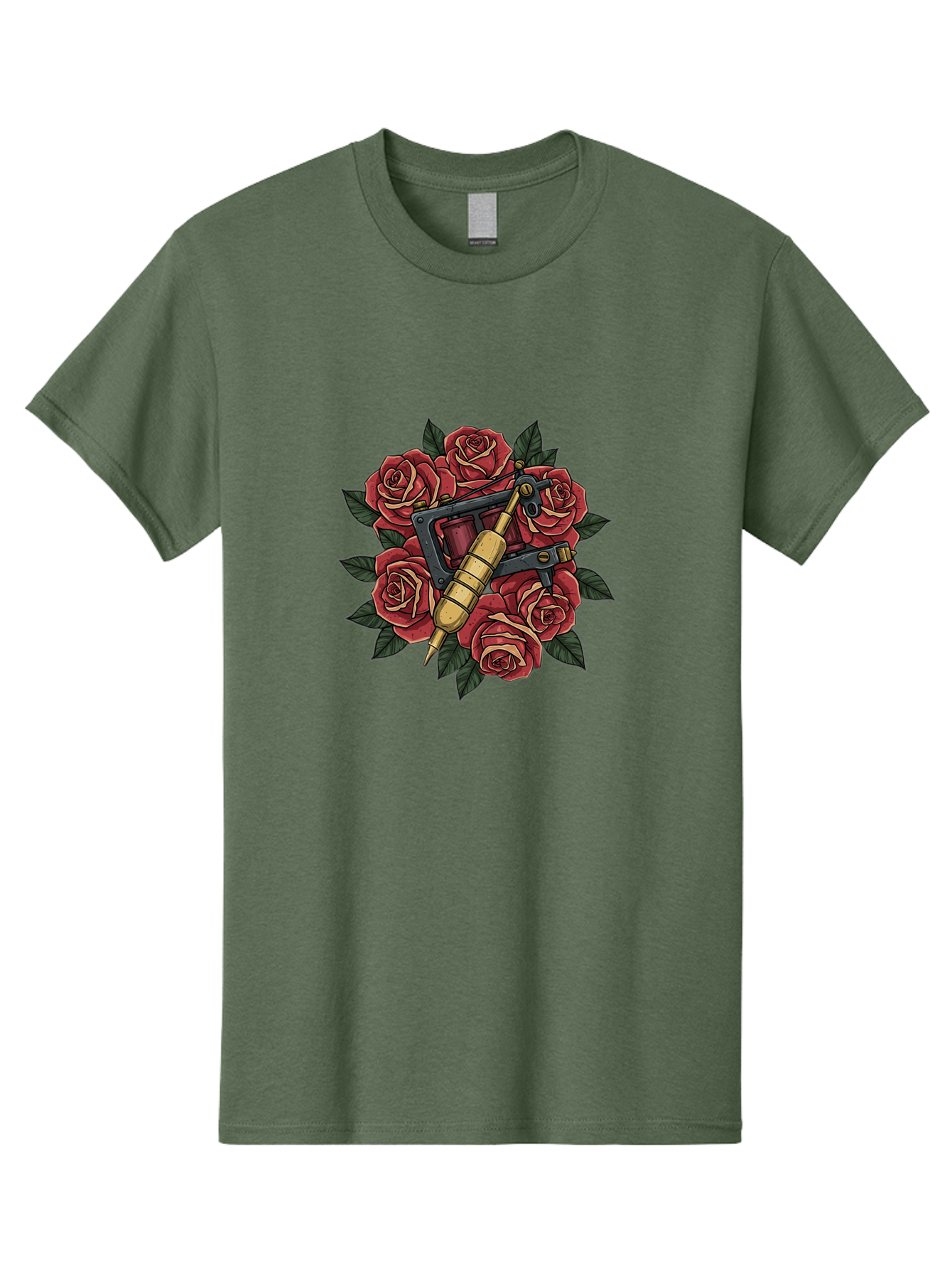 Tattoo-Machine-Roses Men'S Graphic Tee, 100% Cotton, Comfortable Casual Summer Wear, Machine Washable, Tattoo Machine, Red Roses, Floral Design, Traditional Tattoo Art, Vintage Tattoo Style, Tattoo Equipment, Ink Art, Rose Bouquet Bad809
