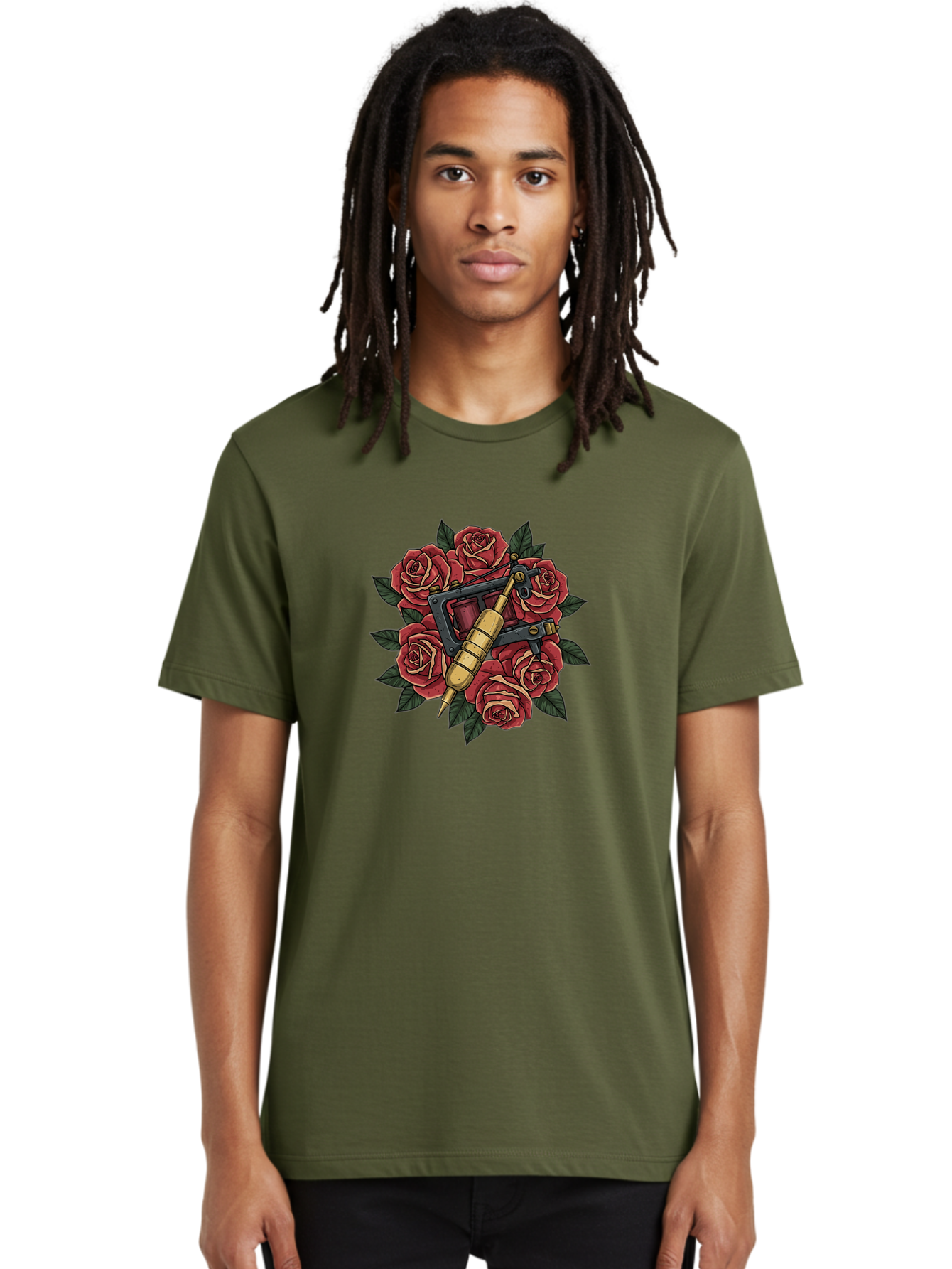 Tattoo-Machine-Roses Men'S Graphic Tee, 100% Cotton, Comfortable Casual Summer Wear, Machine Washable, Tattoo Machine, Red Roses, Floral Design, Traditional Tattoo Art, Vintage Tattoo Style, Tattoo Equipment, Ink Art, Rose Bouquet Bad809