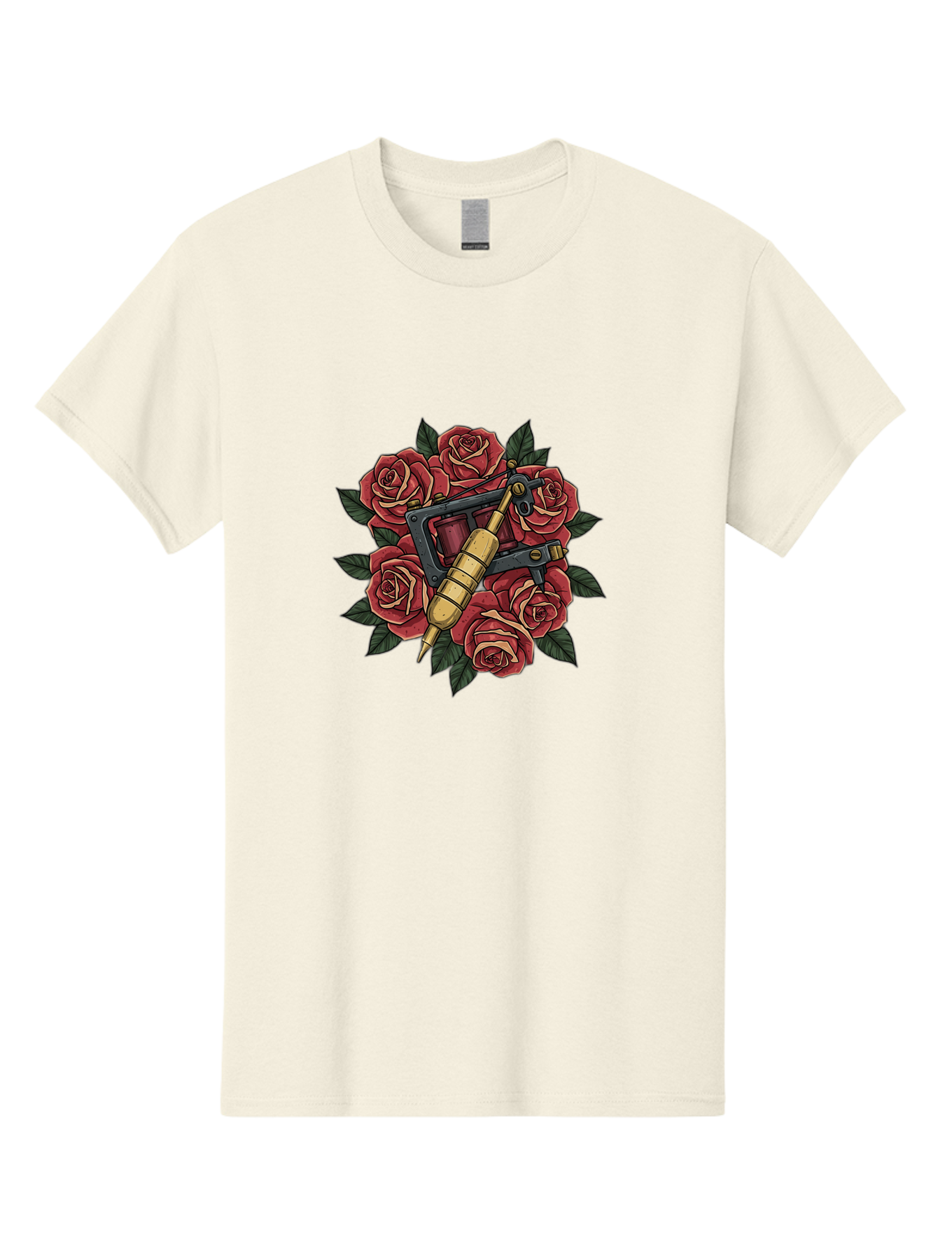 Tattoo-Machine-Roses Men'S Graphic Tee, 100% Cotton, Comfortable Casual Summer Wear, Machine Washable, Tattoo Machine, Red Roses, Floral Design, Traditional Tattoo Art, Vintage Tattoo Style, Tattoo Equipment, Ink Art, Rose Bouquet Bad809