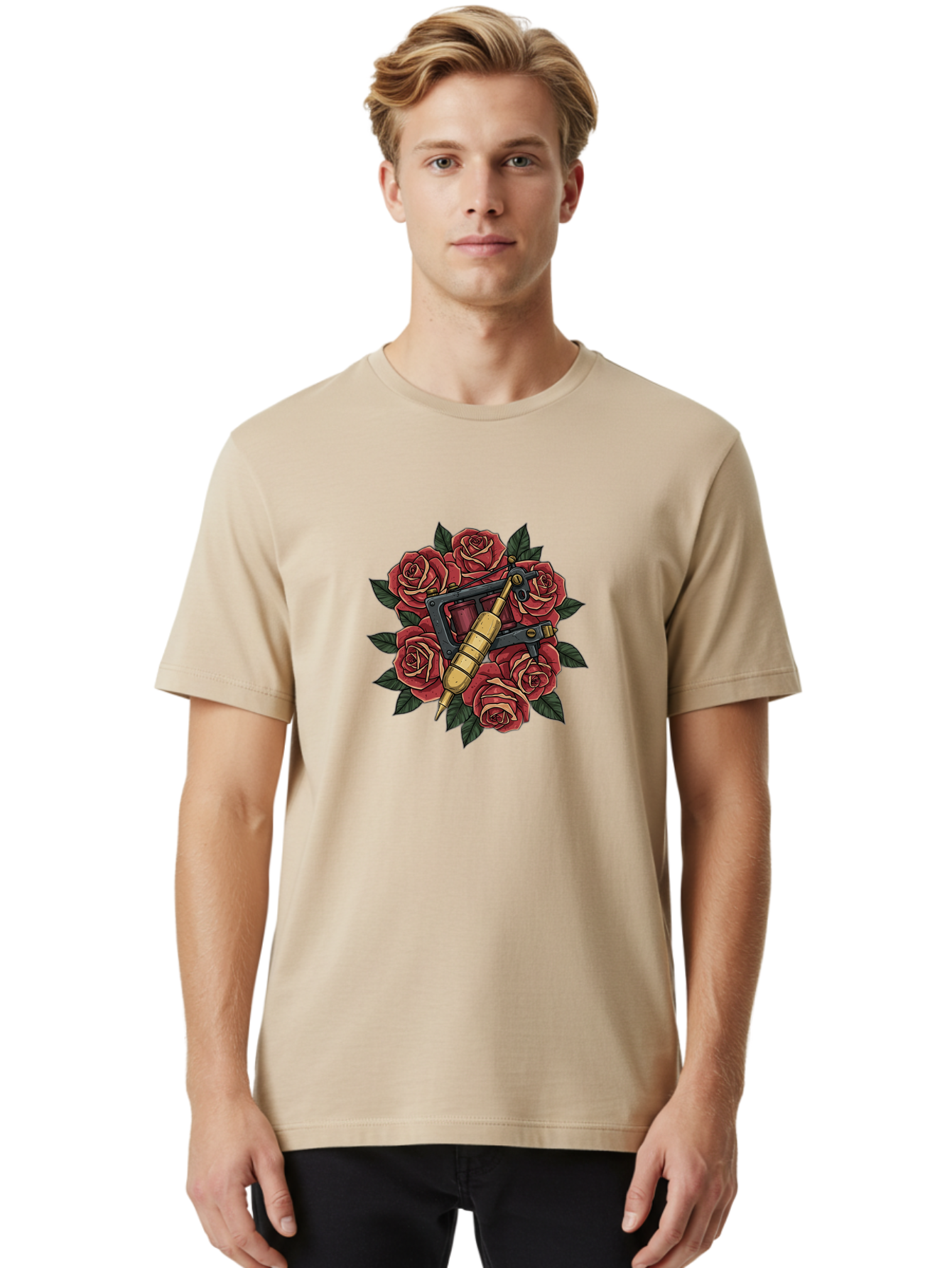 Tattoo-Machine-Roses Men'S Graphic Tee, 100% Cotton, Comfortable Casual Summer Wear, Machine Washable, Tattoo Machine, Red Roses, Floral Design, Traditional Tattoo Art, Vintage Tattoo Style, Tattoo Equipment, Ink Art, Rose Bouquet Bad809
