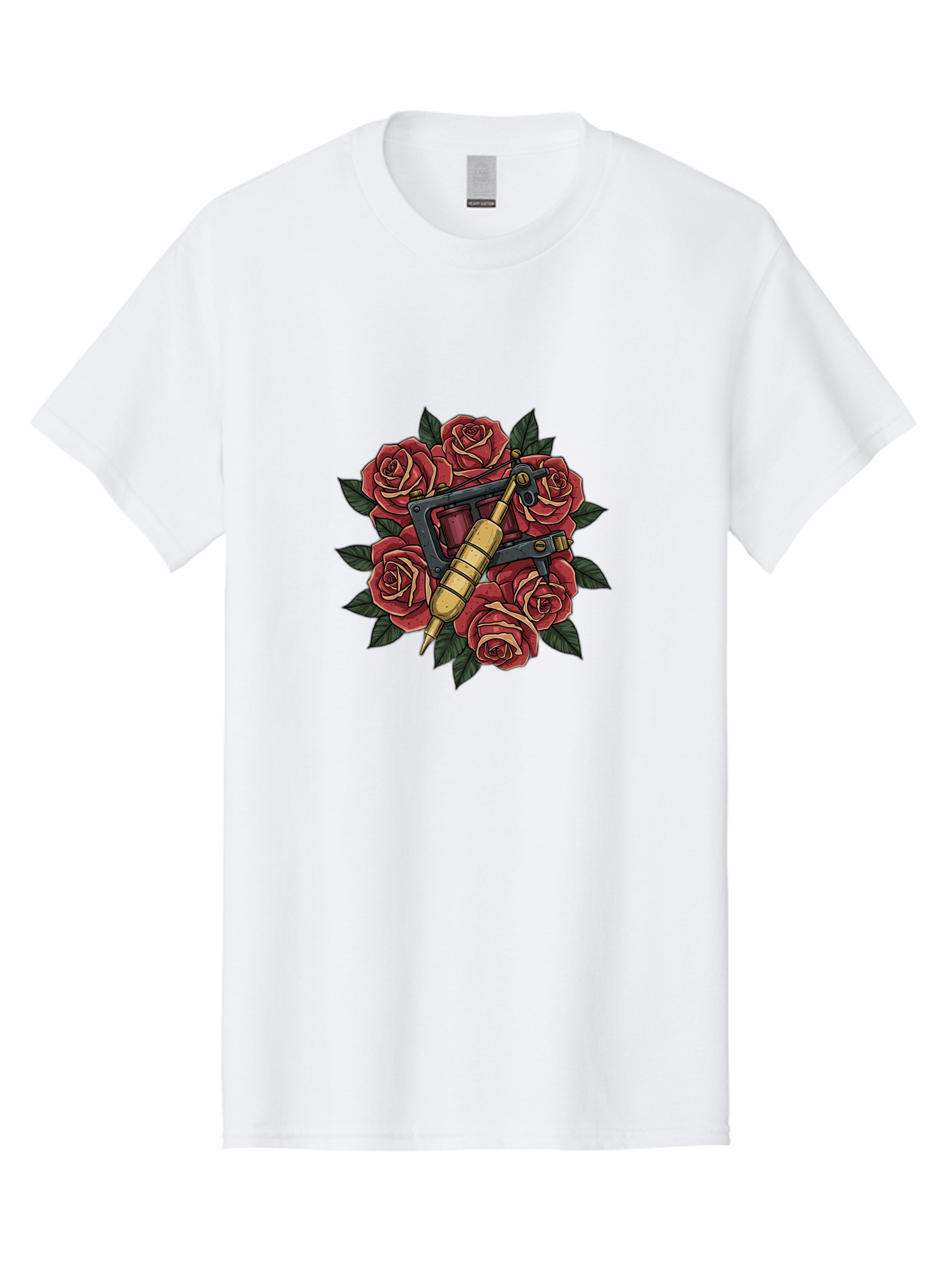 Tattoo-Machine-Roses Men'S Graphic Tee, 100% Cotton, Comfortable Casual Summer Wear, Machine Washable, Tattoo Machine, Red Roses, Floral Design, Traditional Tattoo Art, Vintage Tattoo Style, Tattoo Equipment, Ink Art, Rose Bouquet Bad809