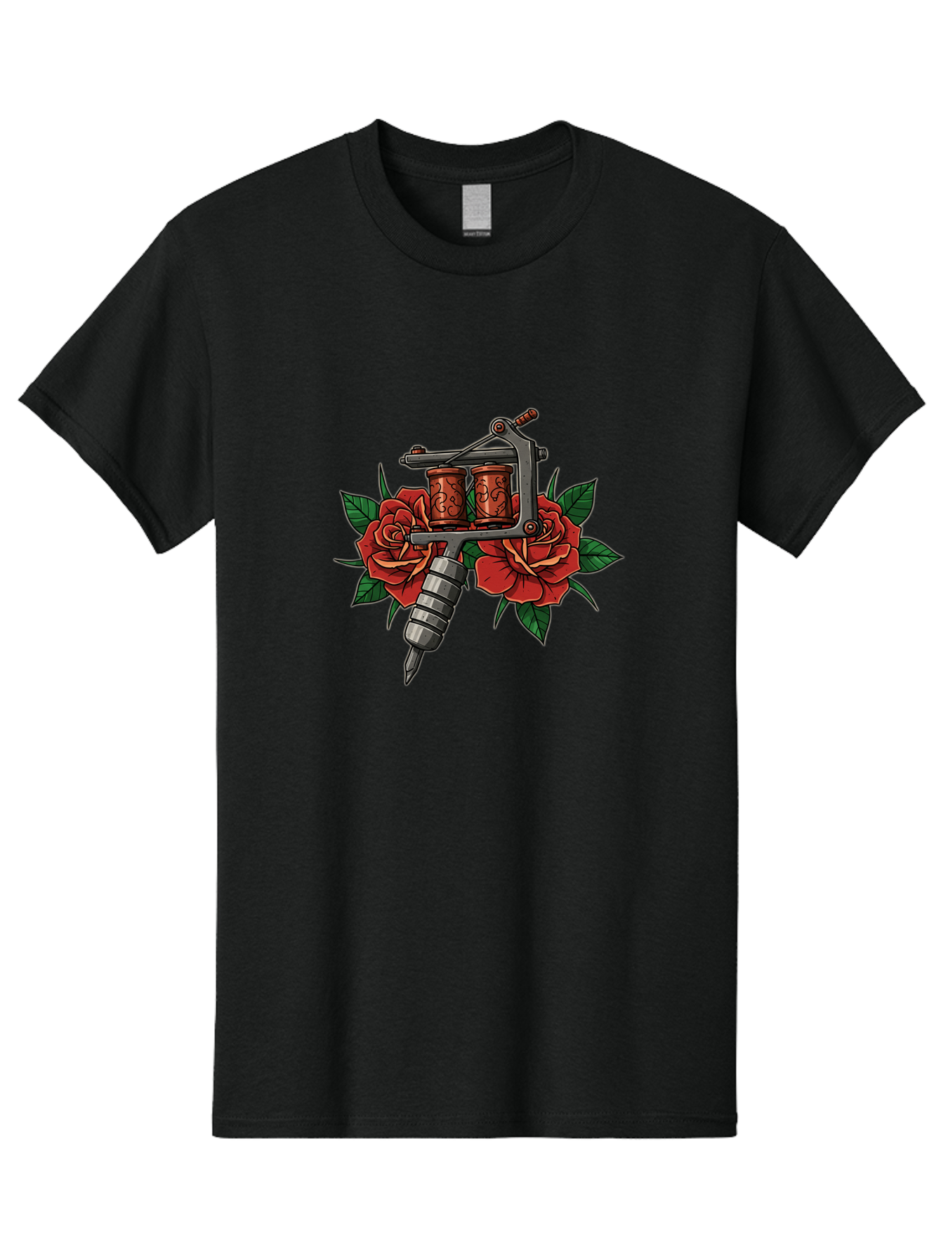 Tattoo-Machine-With-Roses-1 Men'S Graphic Tee, 100% Cotton, Comfortable Casual Summer Wear, Machine Washable, Vintage Tattoo Machine, Red Roses, Floral Design, Tattoo Art, Tattoo Equipment, Traditional Tattooing, Classic Tattoo Machine, Bad810