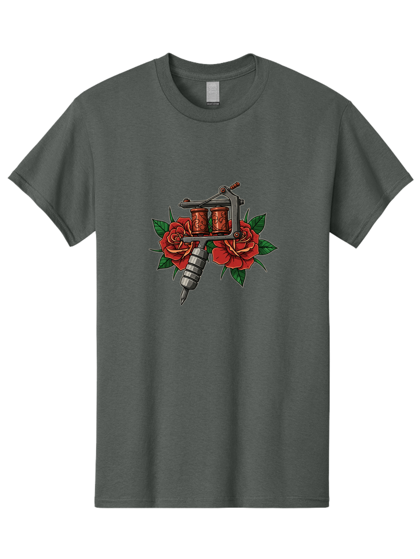 Tattoo-Machine-With-Roses-1 Men'S Graphic Tee, 100% Cotton, Comfortable Casual Summer Wear, Machine Washable, Vintage Tattoo Machine, Red Roses, Floral Design, Tattoo Art, Tattoo Equipment, Traditional Tattooing, Classic Tattoo Machine, Bad810