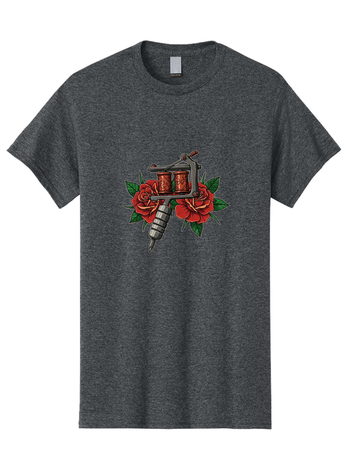 Tattoo-Machine-With-Roses-1 Men'S Graphic Tee, 100% Cotton, Comfortable Casual Summer Wear, Machine Washable, Vintage Tattoo Machine, Red Roses, Floral Design, Tattoo Art, Tattoo Equipment, Traditional Tattooing, Classic Tattoo Machine, Bad810