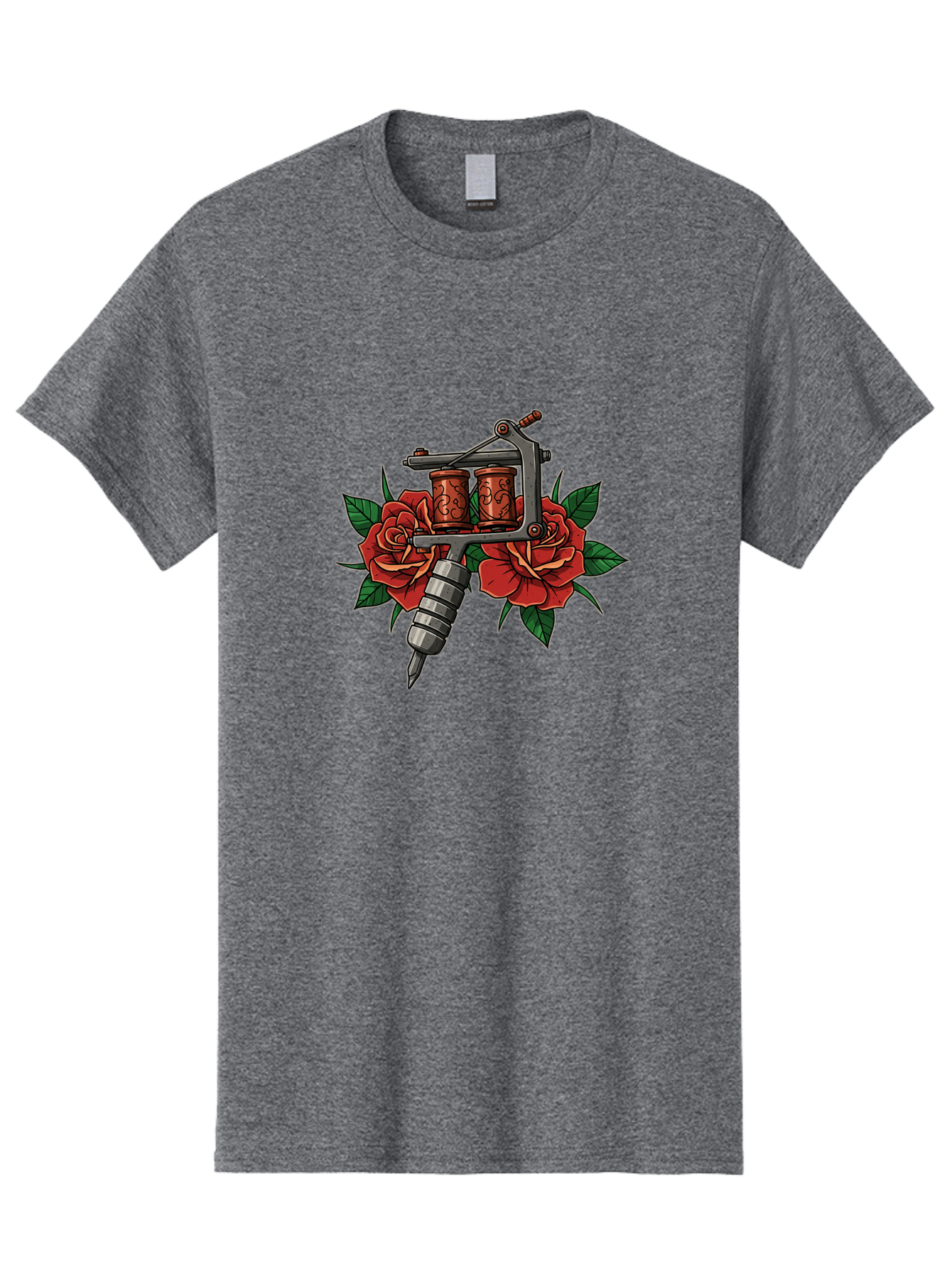 Tattoo-Machine-With-Roses-1 Men'S Graphic Tee, 100% Cotton, Comfortable Casual Summer Wear, Machine Washable, Vintage Tattoo Machine, Red Roses, Floral Design, Tattoo Art, Tattoo Equipment, Traditional Tattooing, Classic Tattoo Machine, Bad810