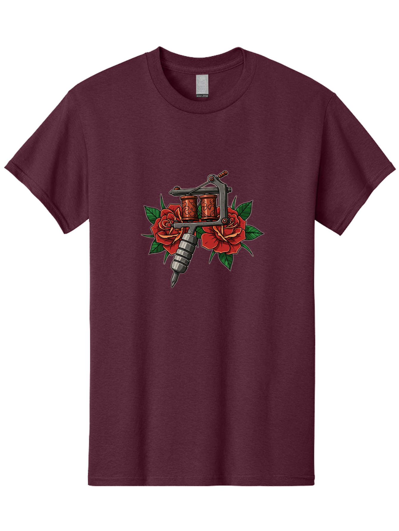 Tattoo-Machine-With-Roses-1 Men'S Graphic Tee, 100% Cotton, Comfortable Casual Summer Wear, Machine Washable, Vintage Tattoo Machine, Red Roses, Floral Design, Tattoo Art, Tattoo Equipment, Traditional Tattooing, Classic Tattoo Machine, Bad810