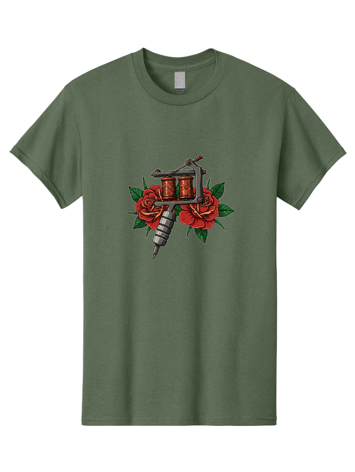 Tattoo-Machine-With-Roses-1 Men'S Graphic Tee, 100% Cotton, Comfortable Casual Summer Wear, Machine Washable, Vintage Tattoo Machine, Red Roses, Floral Design, Tattoo Art, Tattoo Equipment, Traditional Tattooing, Classic Tattoo Machine, Bad810